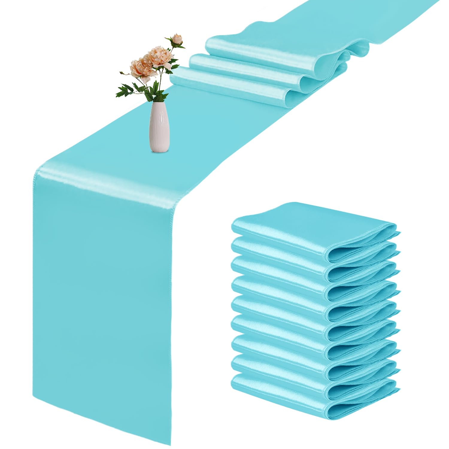 10 Pack Satin Table Runner 12 x 108 Inch Long Turquoise Smooth Silk Fabric Table Runner for Birthday Parties Wedding Banquets Decorations.