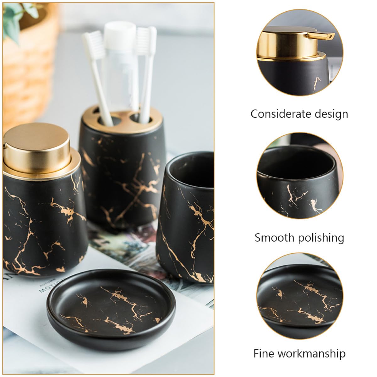 SHINEOFI Conjunto de Accesorios para Baño de Cerámica Negra, Incluye Caja de Loción y Portacepillos, Diseño Elegante y Funcional para Uso Diario Baño