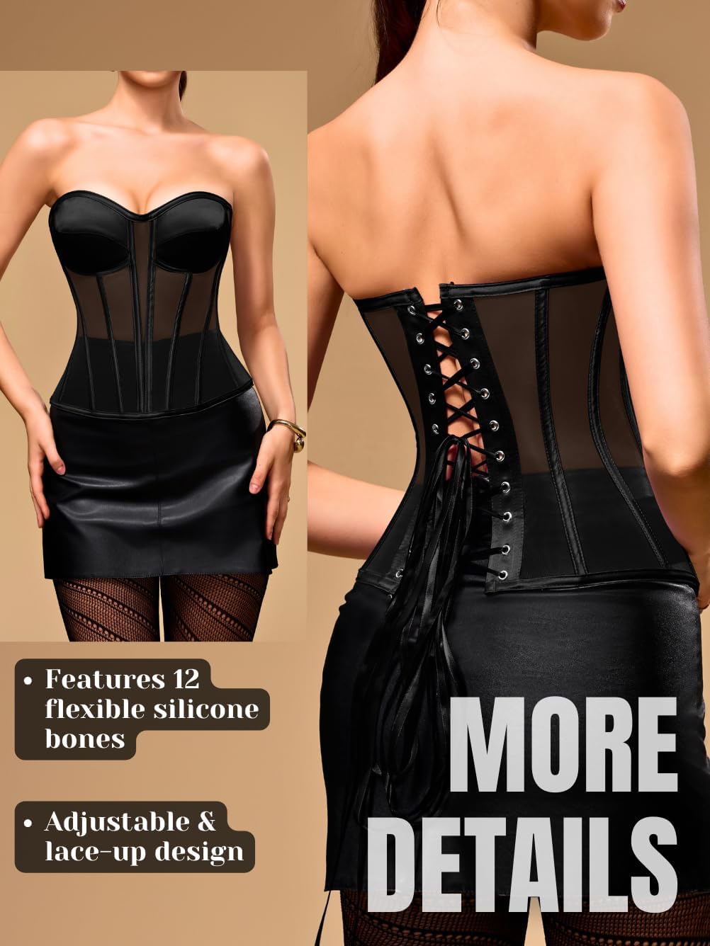 Kaei&Shi Sheer Mesh Corset Top,Overbust Satin Longline Strapless Bra,Backless Shapewear With 12 Polyester Boning