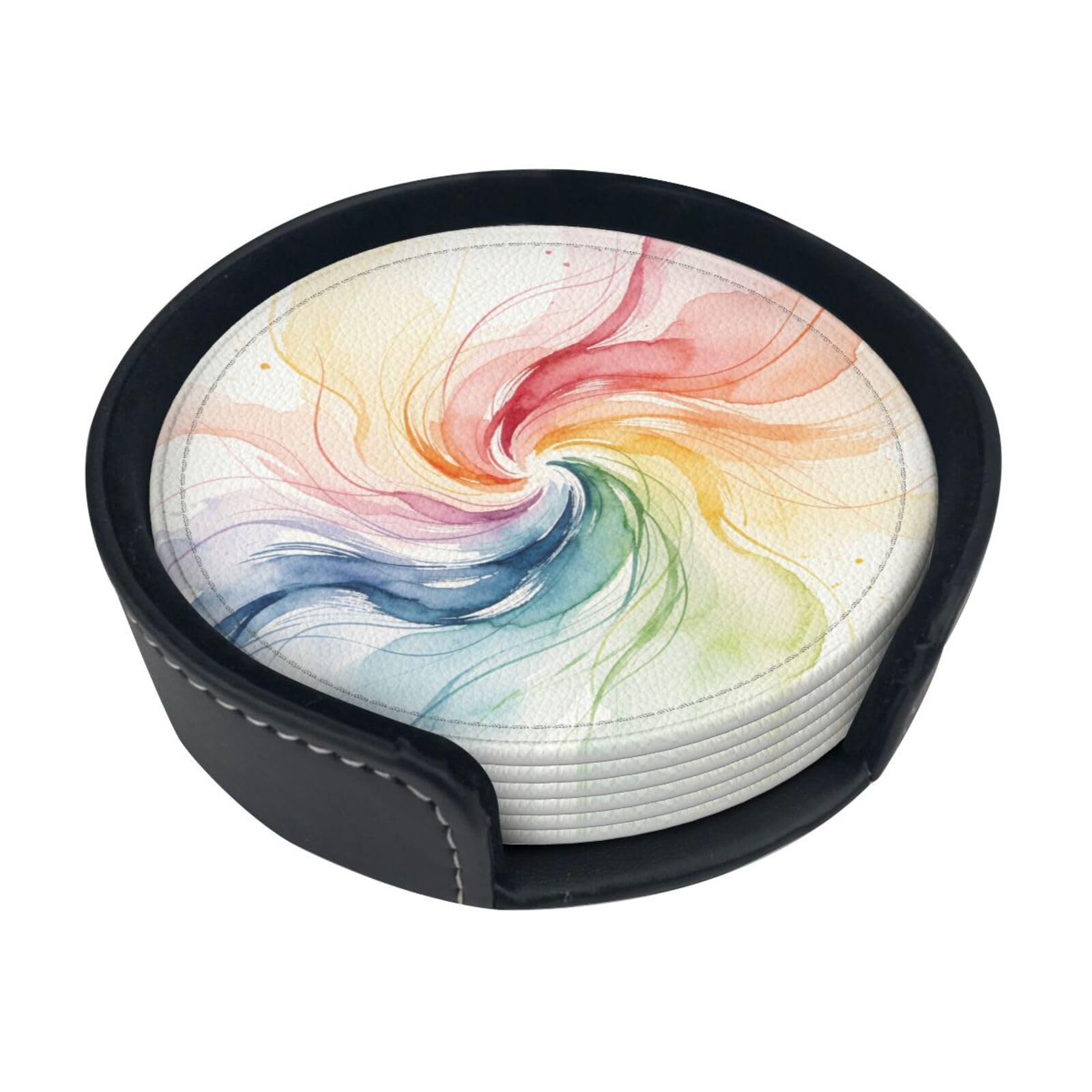 Color Lines Flow Leather Coasters-Set of 6 with Storage Holder