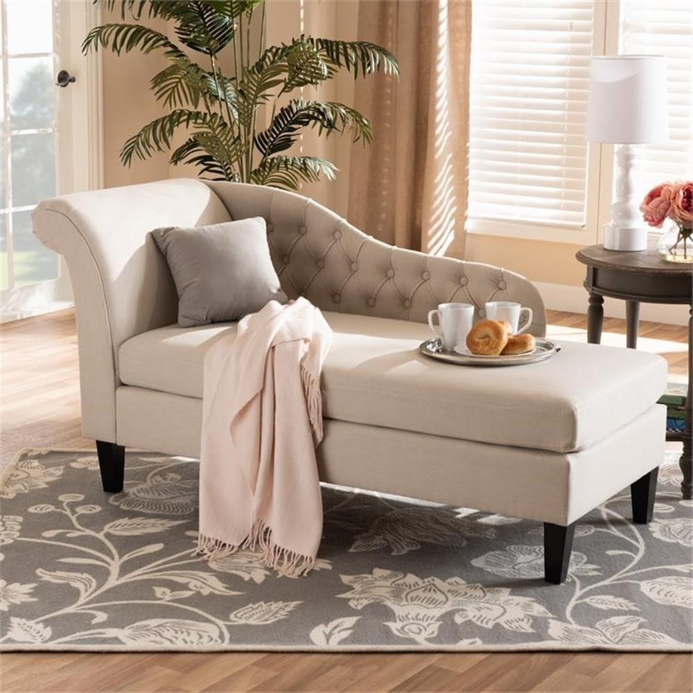 BOWERY HILL Contemporary Upholstered Chaise Lounge, Beige Polyester Fabric, Black Rubberwood Frame, Button Tufted Design, Scroll Back, 51.5" W x 25.25" D x 15" H, Comfortable Seating for Living Room