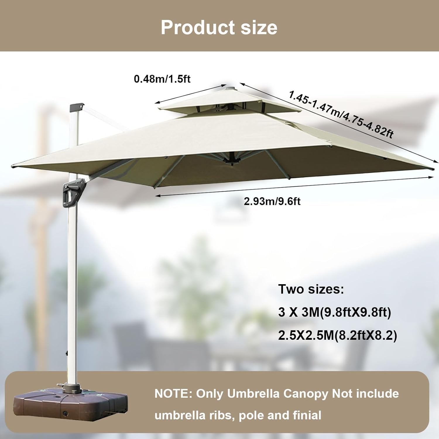 Toile De Rechange pour Parasol Carré - 7 Baleines, pour Parasol Décalé, Idéal pour Le Jardin, La Plage Et La Cour - Durable, Résistante Aux UV Et Facile à Installer Gris 3x3M Double Top