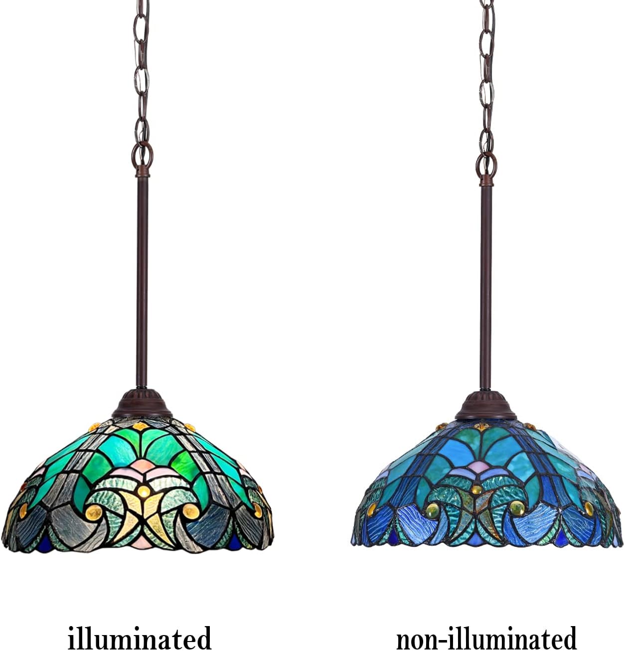 Tiffany Pendant Light fixtures 12" Wide Sea Green Stained Glass Pendant Lighting Vintage Style 1 Light Hanging Lamp for Kitchen Dining Room and Bar