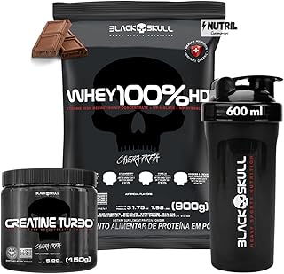 Kit Whey Protein 100% HD Pure 900g Isolado - Hidrolisado - Concentrado Refil + Creatina Monohidratada 150g + Coqueteleira - Black Skull (Whey 100% Chocolate Refil + Creatina 150g)