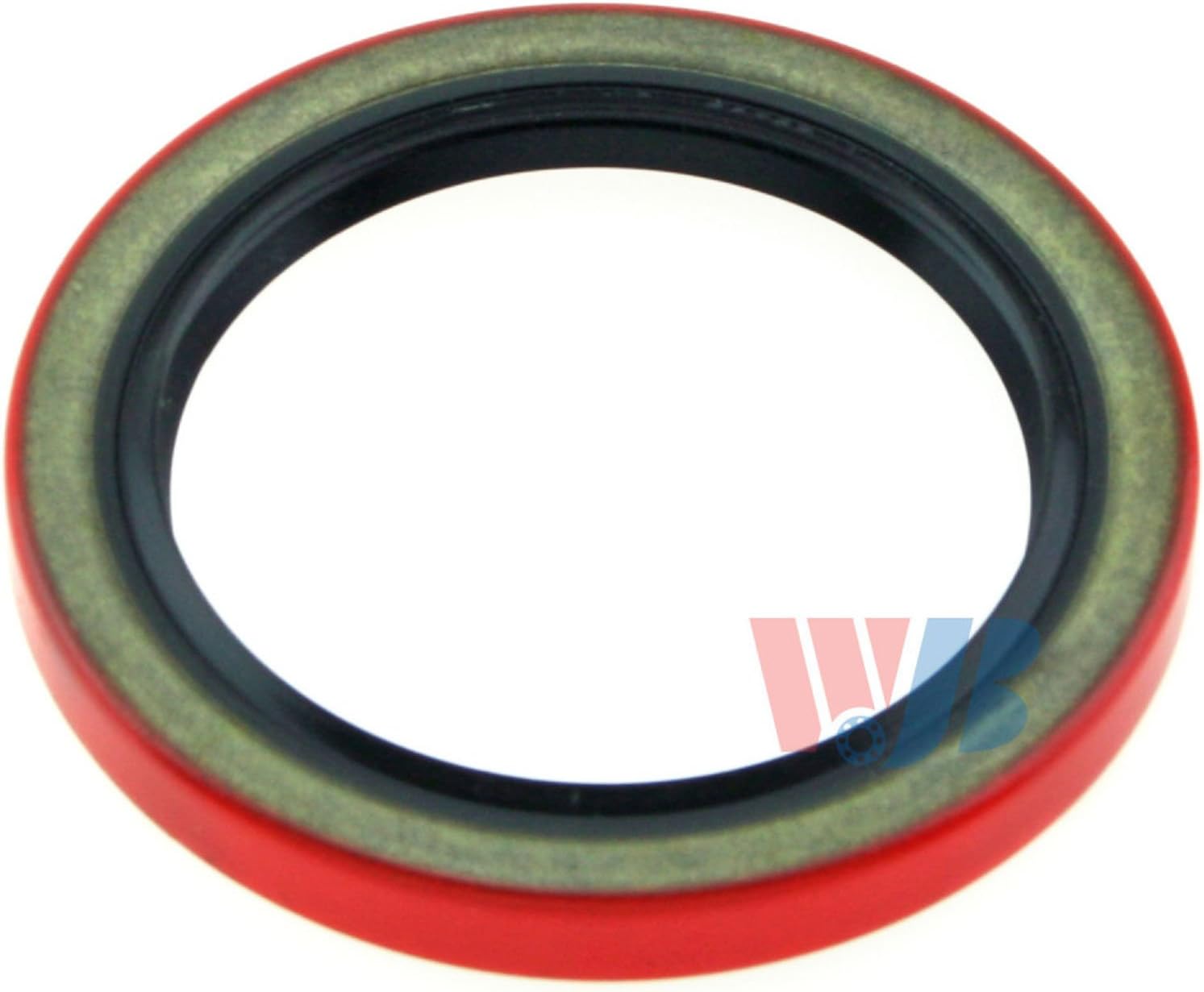 WJB WS225225 Oil and Wheel Seal, a circular seal with a red outer ring and a black inner ring, designed to prevent lubricant leakage and contaminant entry.