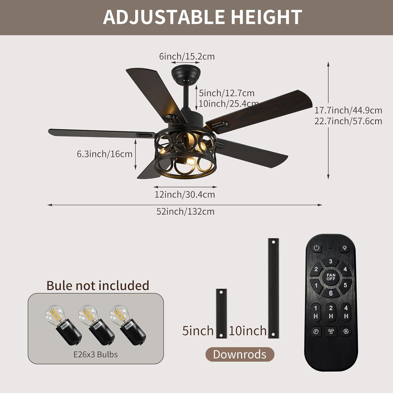 52 Inch Farmhouse Ceiling Fans with Lights, 5 Wooden Blades, Dimmable, Timer, 6 Remote Control, Quiet and Reversible DC Motor, Rustic Caged Ceiling Fan for Patio, Bedroom Living Room, Black
