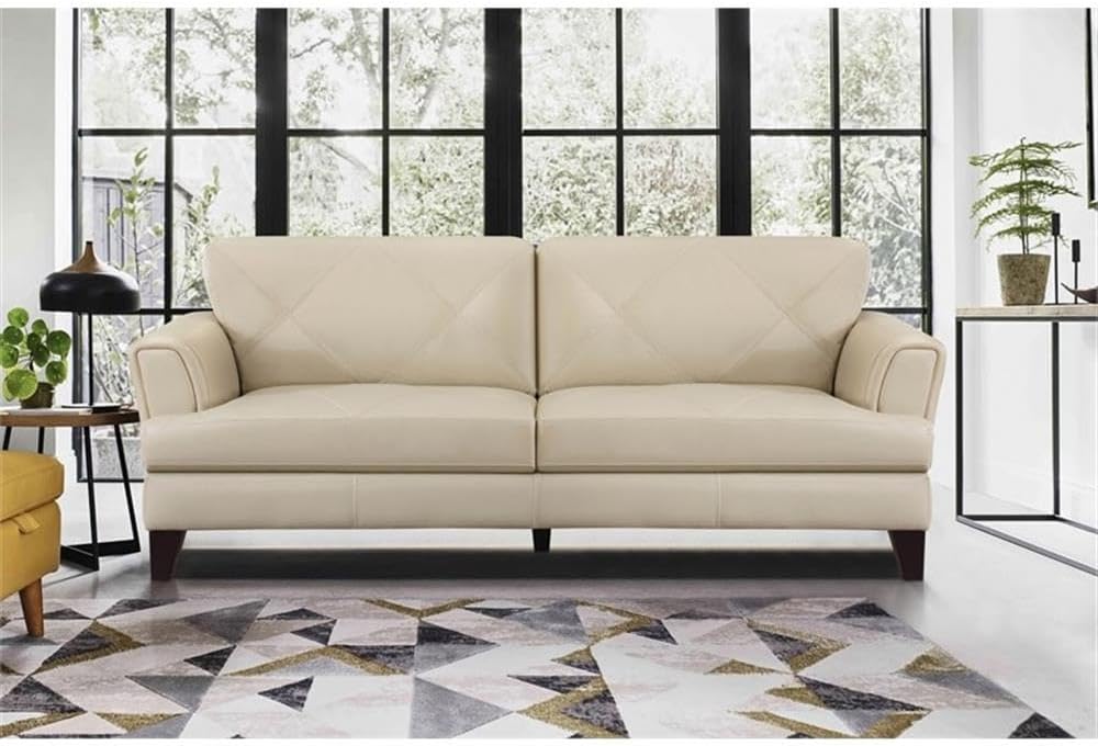 Pemberly Row 88” Top Grain Leather Tufted Sofa, Cream Finish, Flared Track Arms, Geometric Stitching, High-Density Foam Cushions, Espresso Wood Feet, Modern Living Room Seating