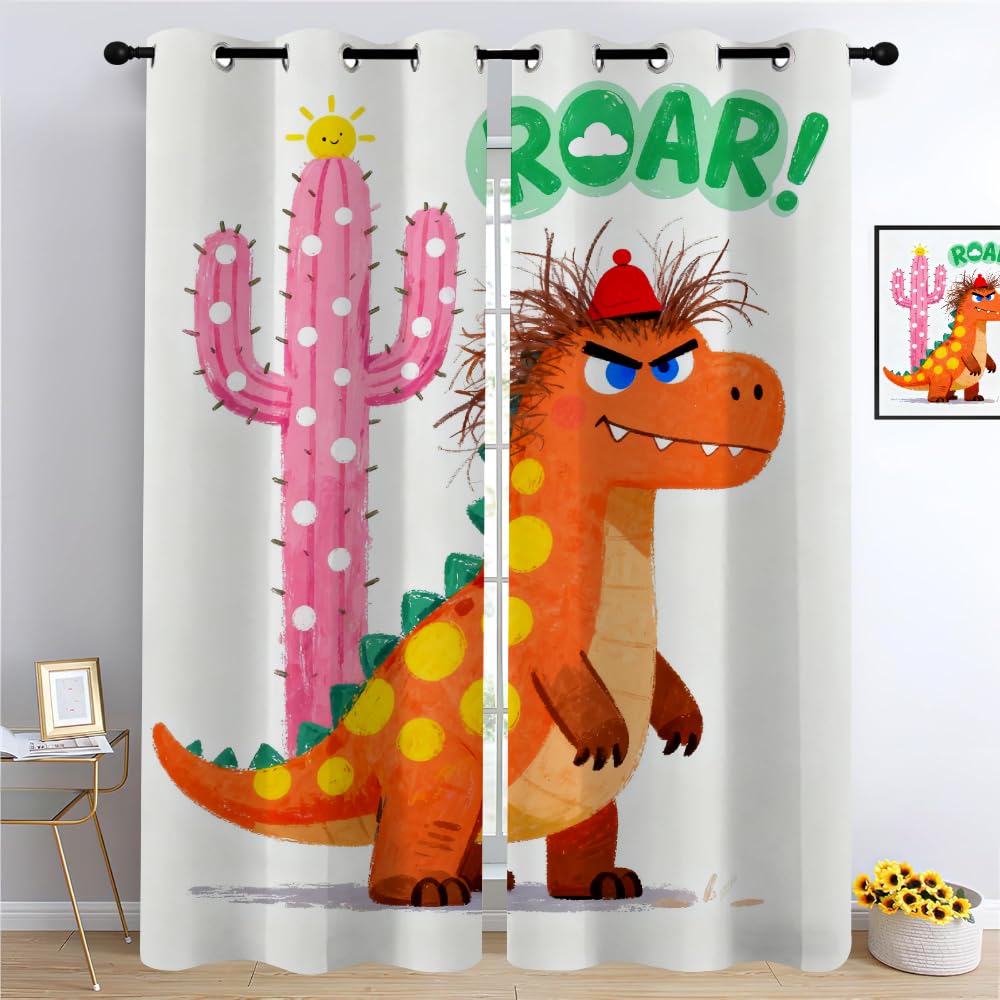 Dinosaure Salon Rideaux Occultants, Cactus Enfants Panneaux de Rideaux intérieurs, Thème pour Enfants Draperies, Dinosaure de Dessin animé Chambre Décoration Fenêtre L132 x H240cm x2