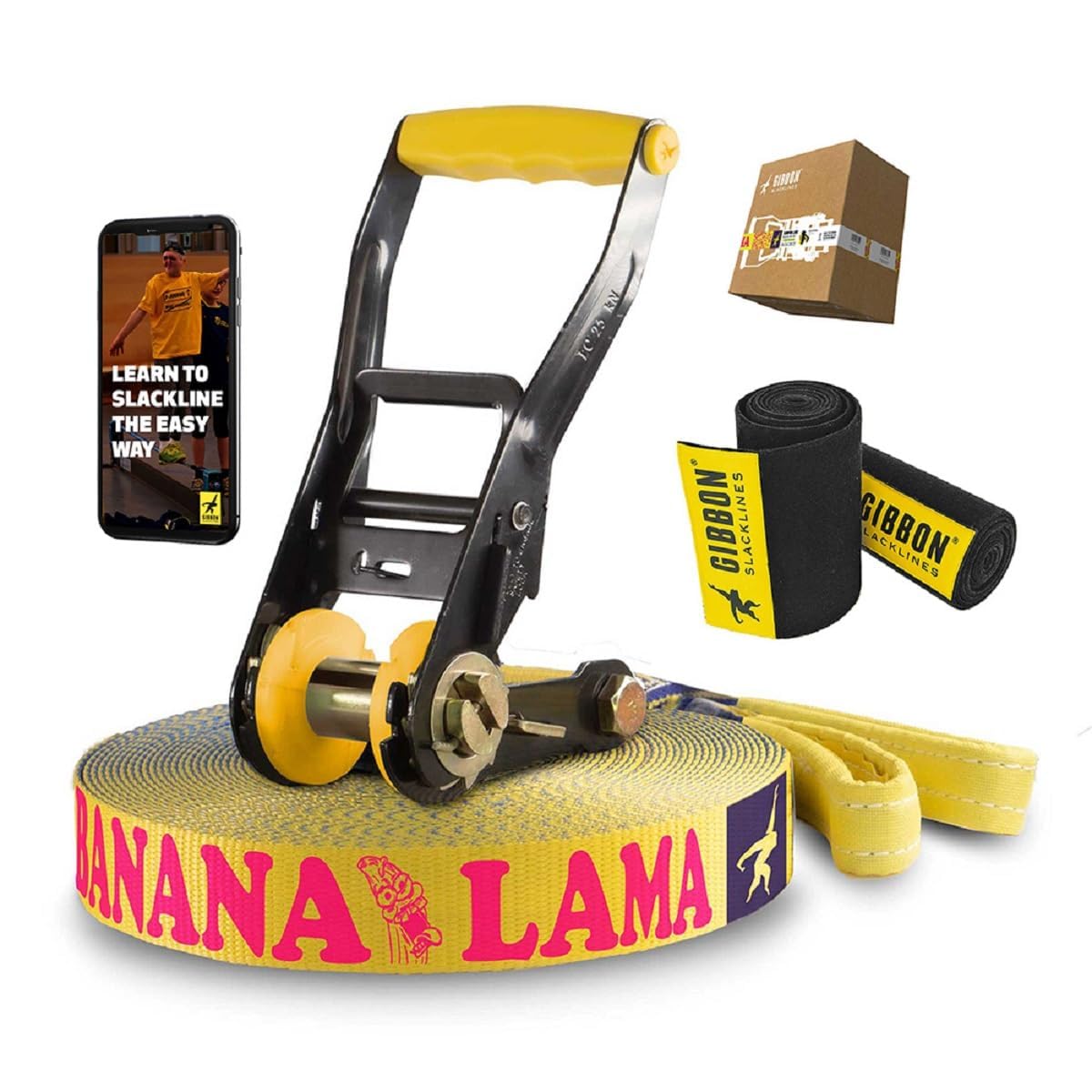 Gibbon Slacklines Banana Lama Treewear Set Slackline Mixte-​Adulte, Bleu/​Jaune, 15 m