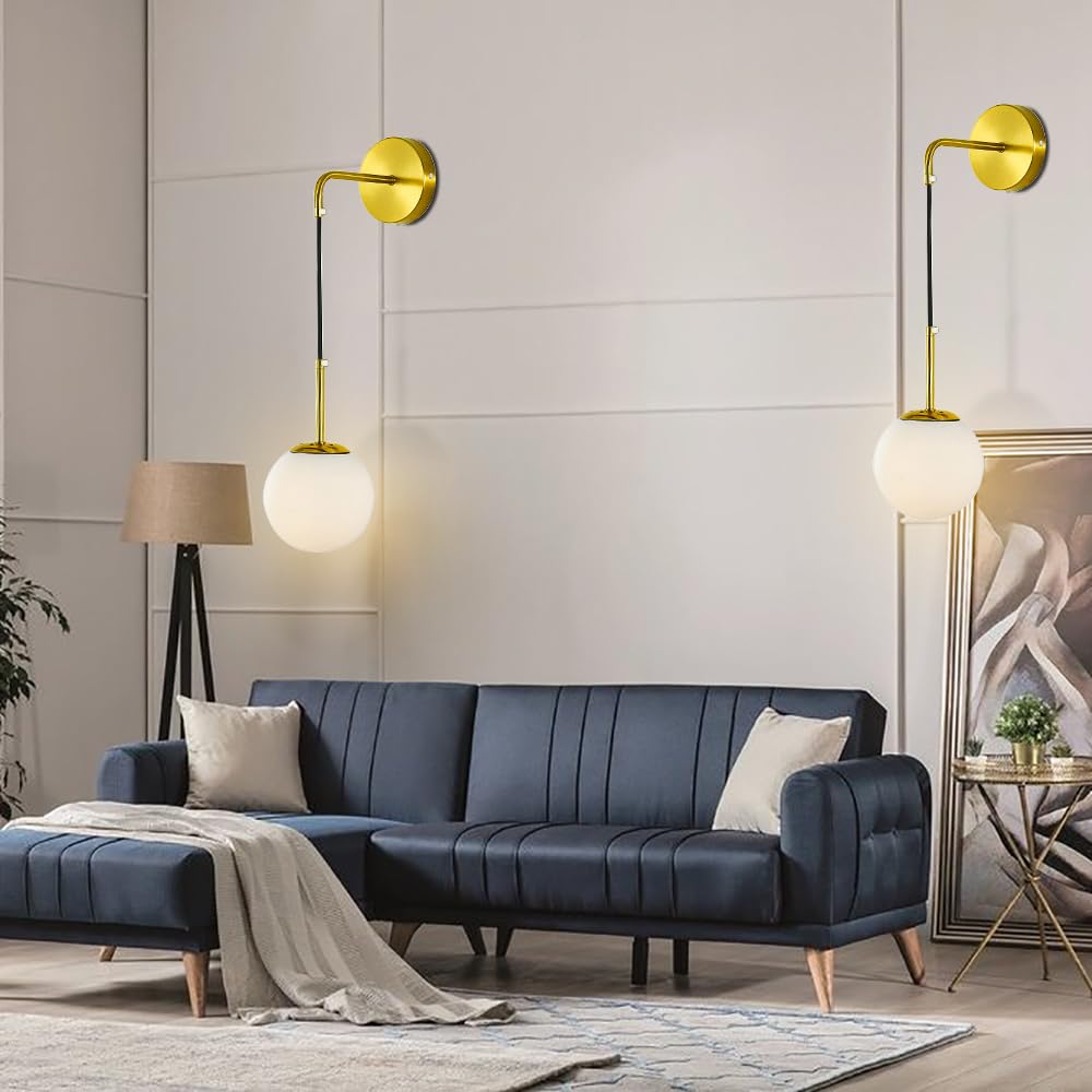 ELINKUME Led-wandlamp voor binnen, wandlamp met schakelaar en stekker, verstelbare kabel, E27 wandlampen met kogelvormige lampenkap voor slaapkamer, badkamer, gang, decoratie, set van 2, goud ELINKUME Led-wandlamp voor binnen, wandlamp met schakelaar en stekker, verstelbare kabel, E27 wandlampen met kogelvormige lampenkap voor slaapkamer, badkamer, gang, decoratie, set van 2, goud