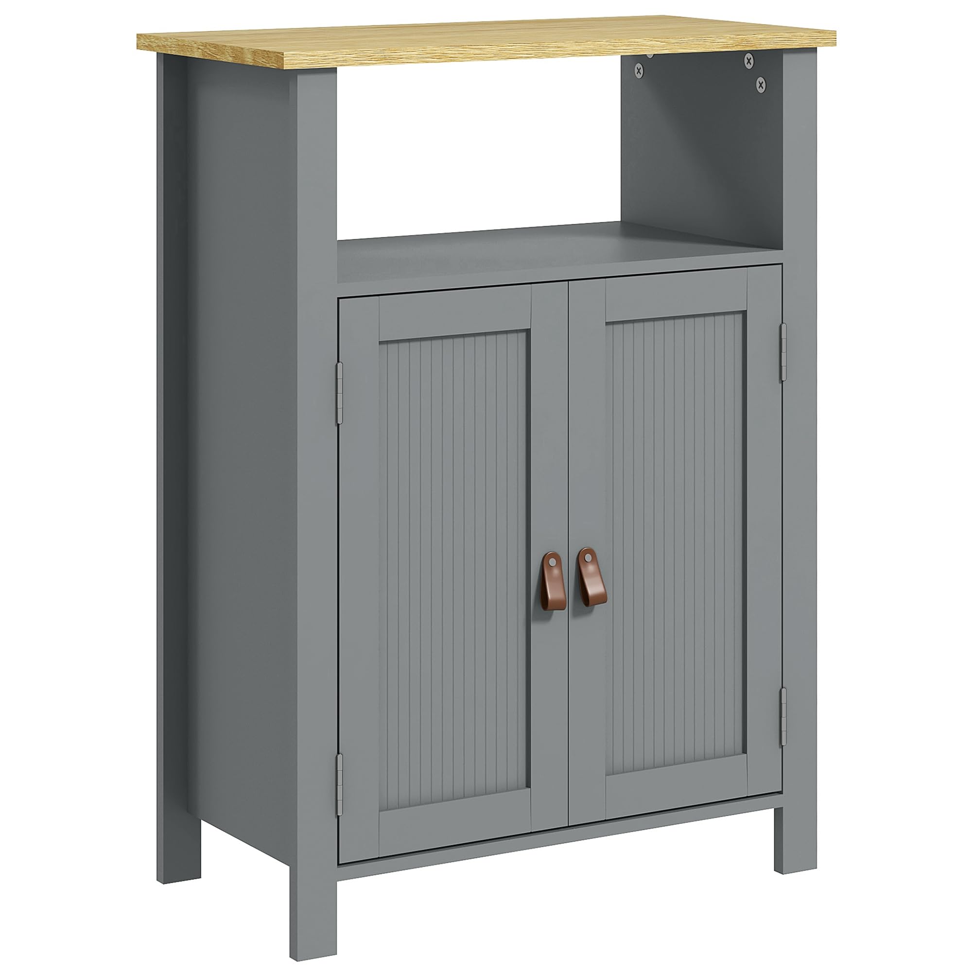 kleankin Meuble Bas de Salle de Bain Multi-Rangements, Gris et Naturel | Grande Niche, Placard Double Porte, Étagère Réglable en Hauteur