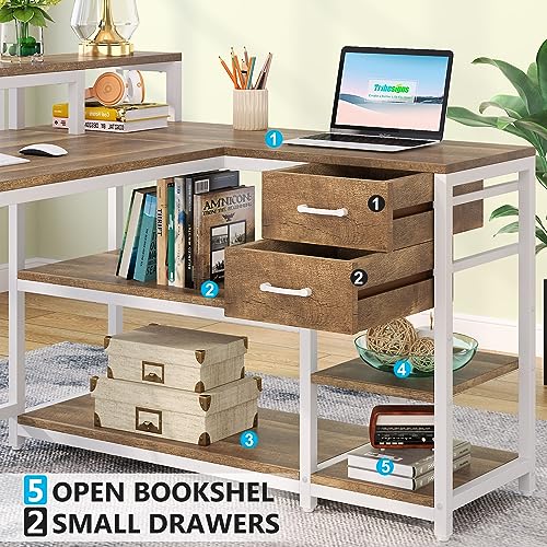 Image of Tribesigns L Shaped Desk with Drawers and Monitor Stand, L Corner Desk with Storage Shelves, Beige Wooden PC Table for Samll Home Office