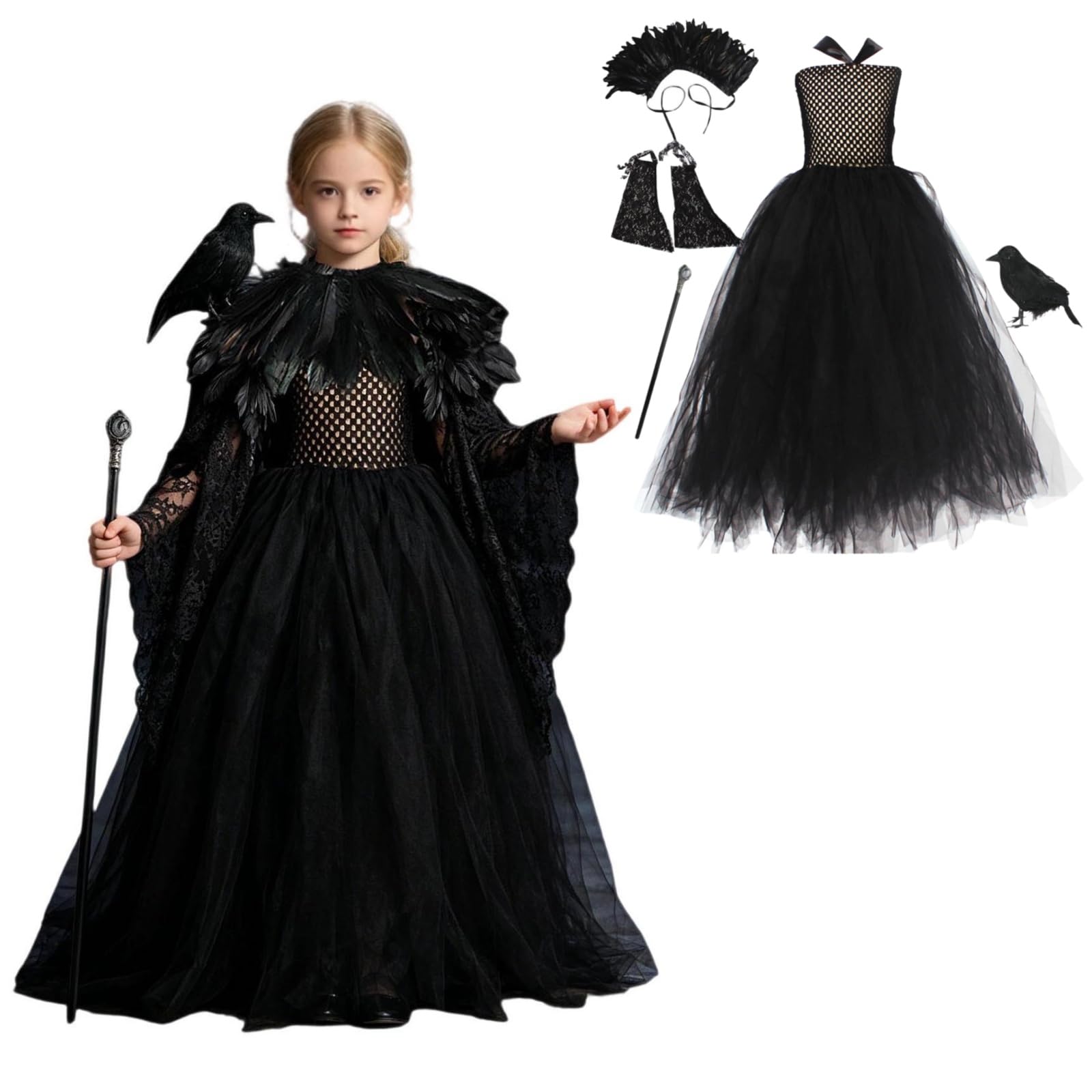 Halloween Evil Queen Fancy Dress for Kids Gothic Dress with Feather Collar