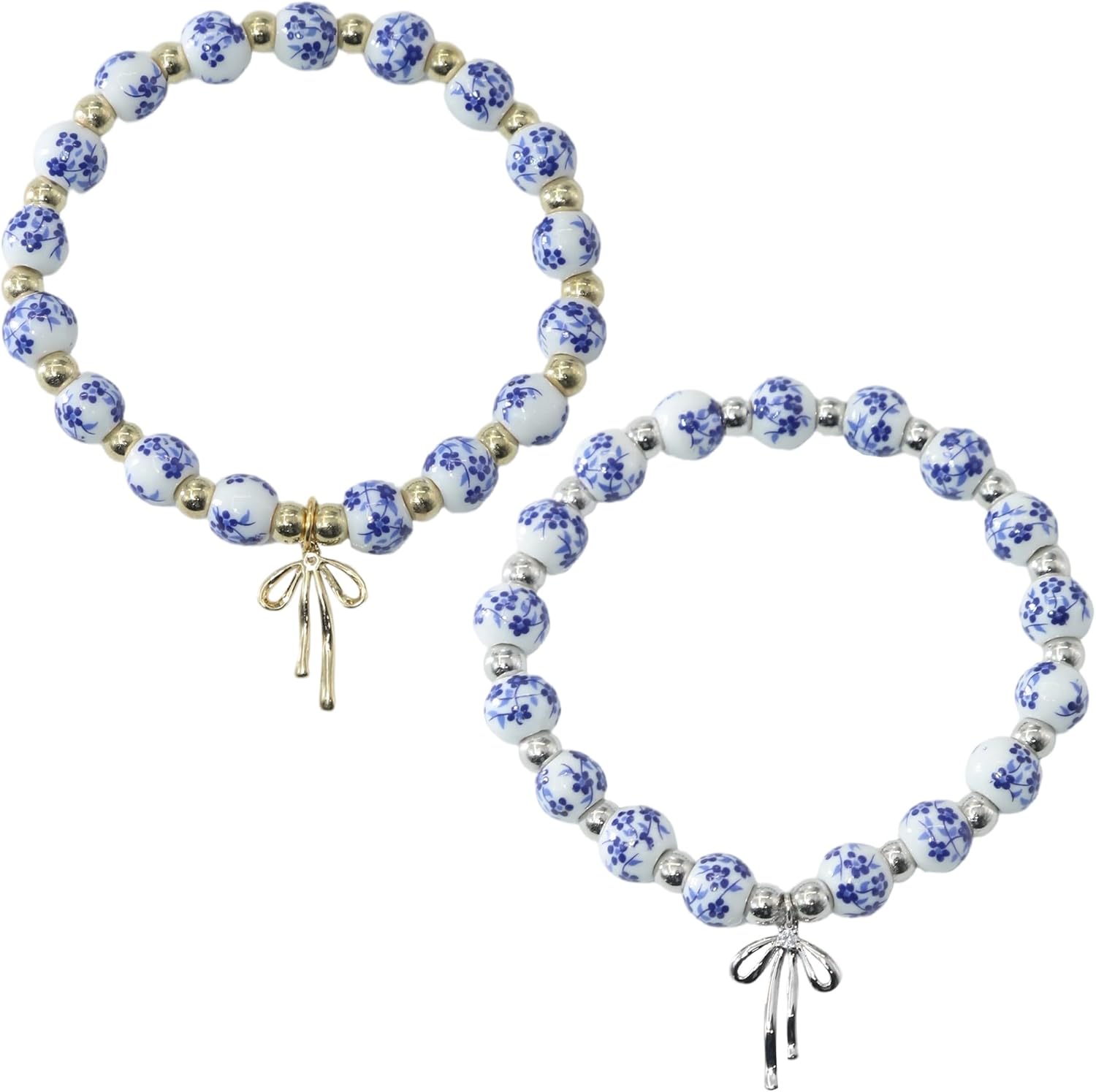 2Pcs Bow Charm Beaded Bracelets,Elegant Blue and White Beaded Bracelet for Women – Floral and Bow Design, Vintage Style Stretch Bracelet