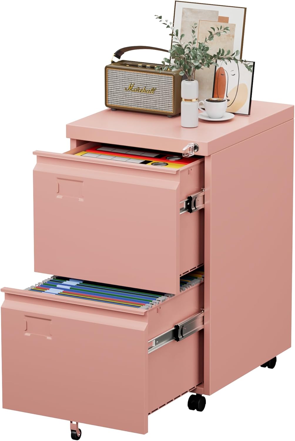 2 Drawers Metal File Cabinet with Lock, Under Desk Mobile Filing Storage Cabinet with Business Card Slot for Letter/Legal/F4/A4 Size Folders,Required Assembly,14.57"W x 17.36"D x 25.79"H,Black