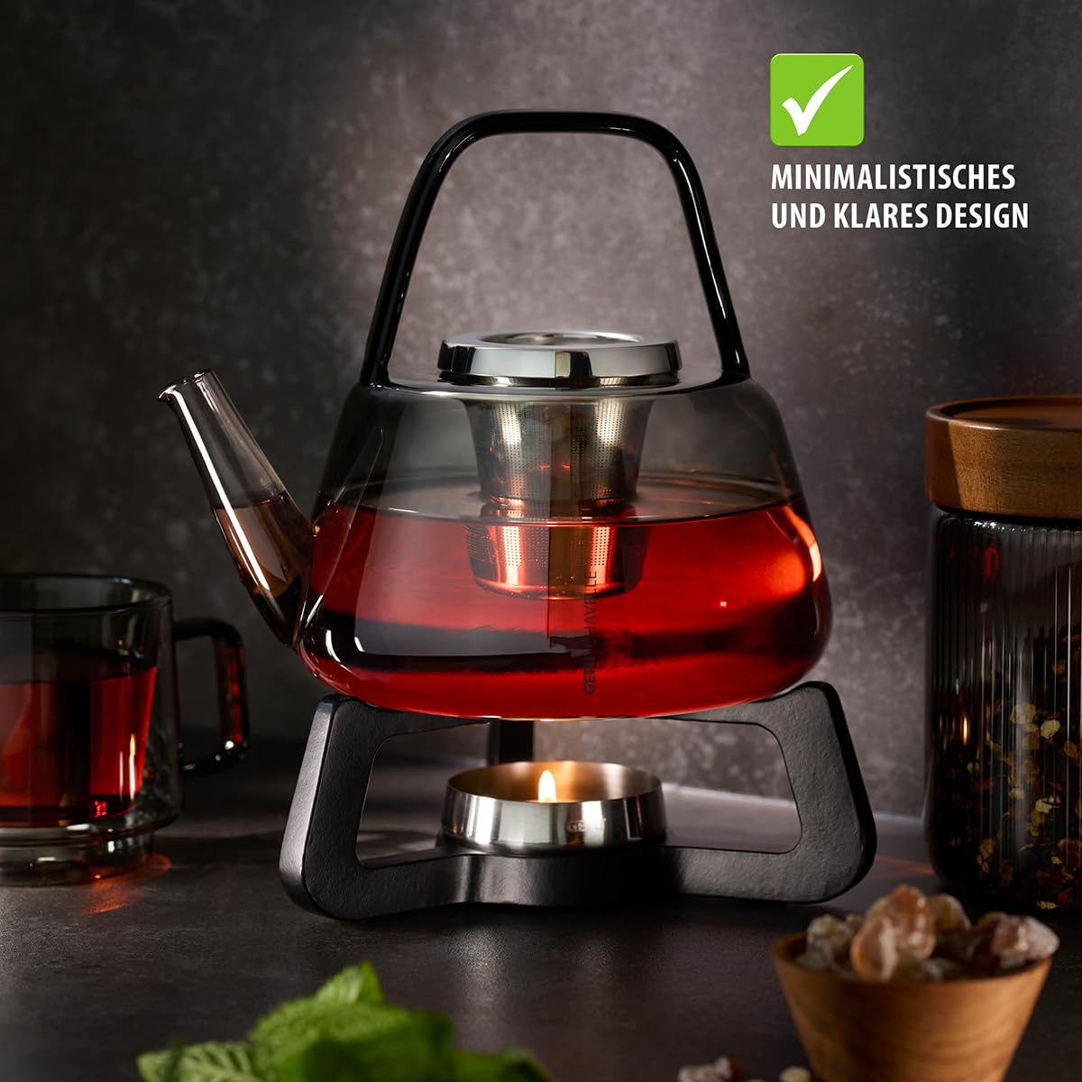 GEFU CHAVELLE Teekanne 1,2 l mit Stövchen – mundgeblasen, Borosilikatglas, Edelstahl-Teefilter, Gusseisen, spülmaschinengeeignet