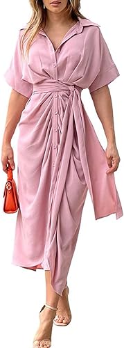 CHARTOU Elegante vestido de blusa irregular de manga corta con botones y cinturón para mujer