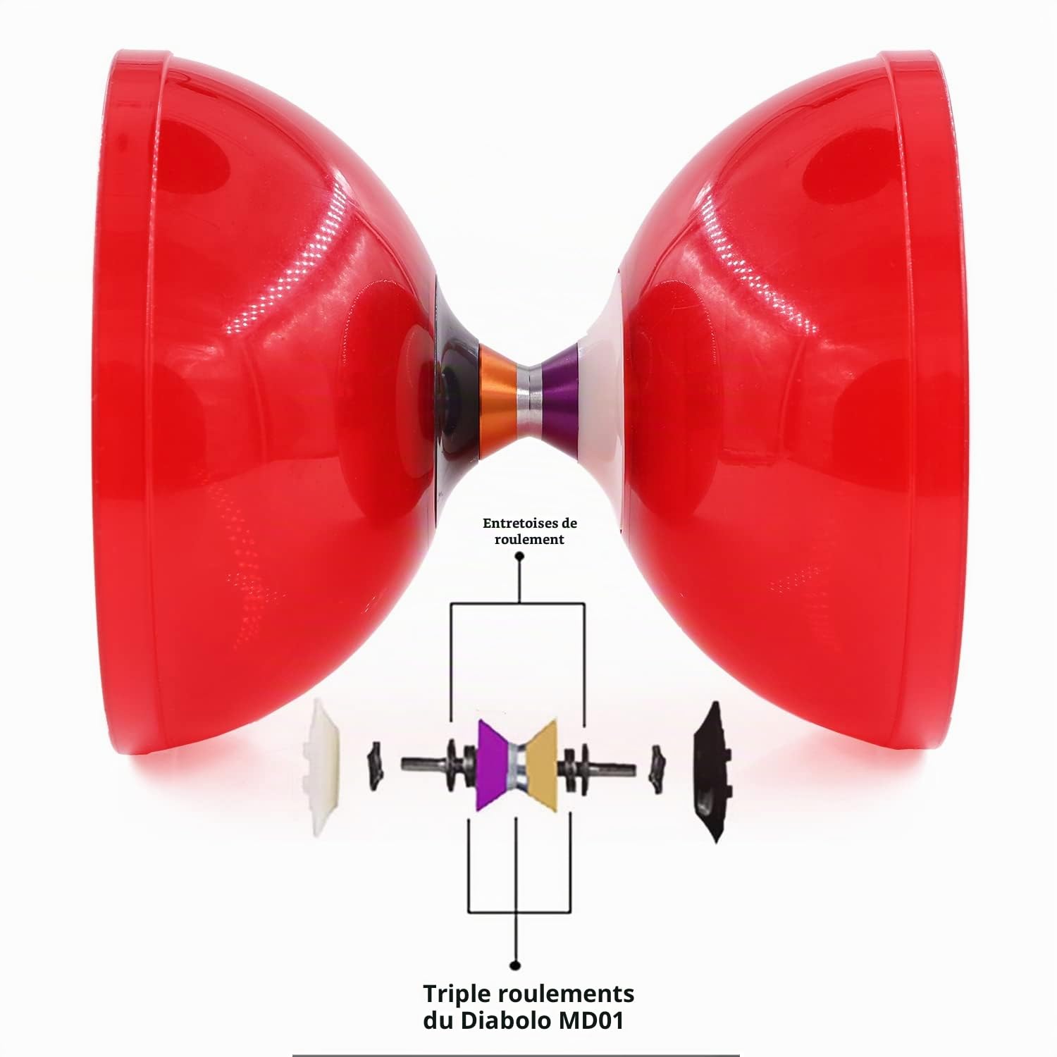 MAGICYOYO Diabolo Set de Jonglage MD01 Professionnel avec roulements à billes triple pour enfants, adultes et débutants,15 cm, avec 2 paires de bâtons en métal+sac+ 2 jeux de cordes de rechange, Rouge