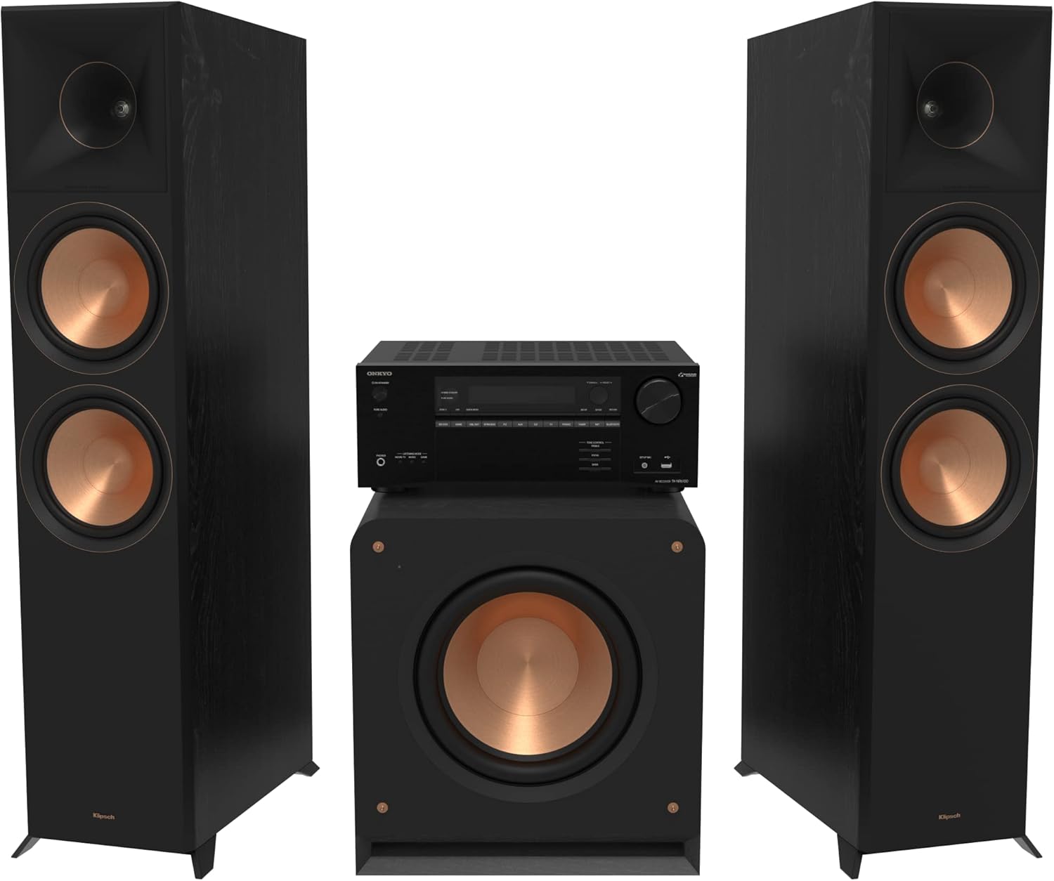 Klipsch Reference Premiere RP-8000F II 2.1 Home Theater System with 8” Cerametallic Woofers in Ebony with Onkyo TX-NR6100 7.2 Channel THX Certified Network AV Receiver