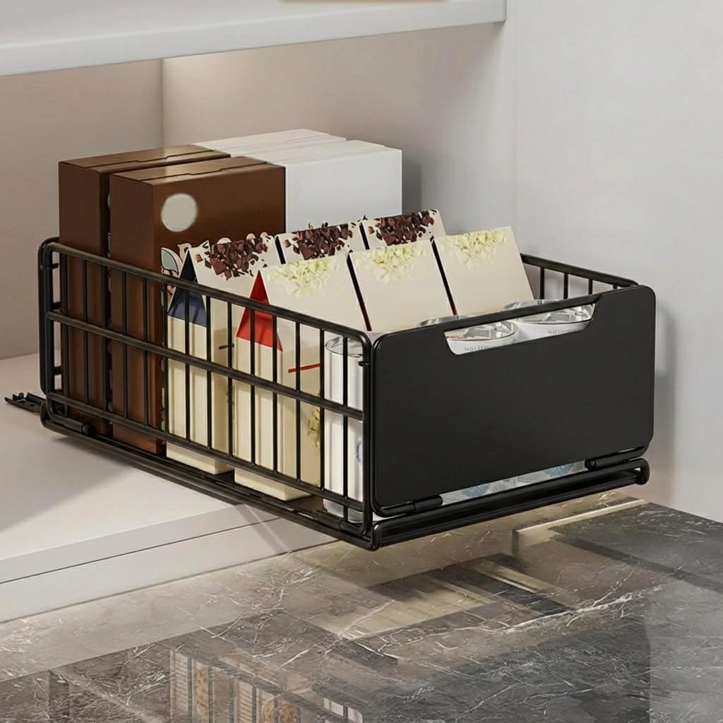 Lidzopas Black Pull Out Cabinet Organizer Slide Out Drawer Storage Shelves Cupboard Organiser Sliding Cabinet Basket For Kitchen, Bathroom, Bedroom With Silent Slide No Drilling And Nailing 30 * 37.5 * 19Cm