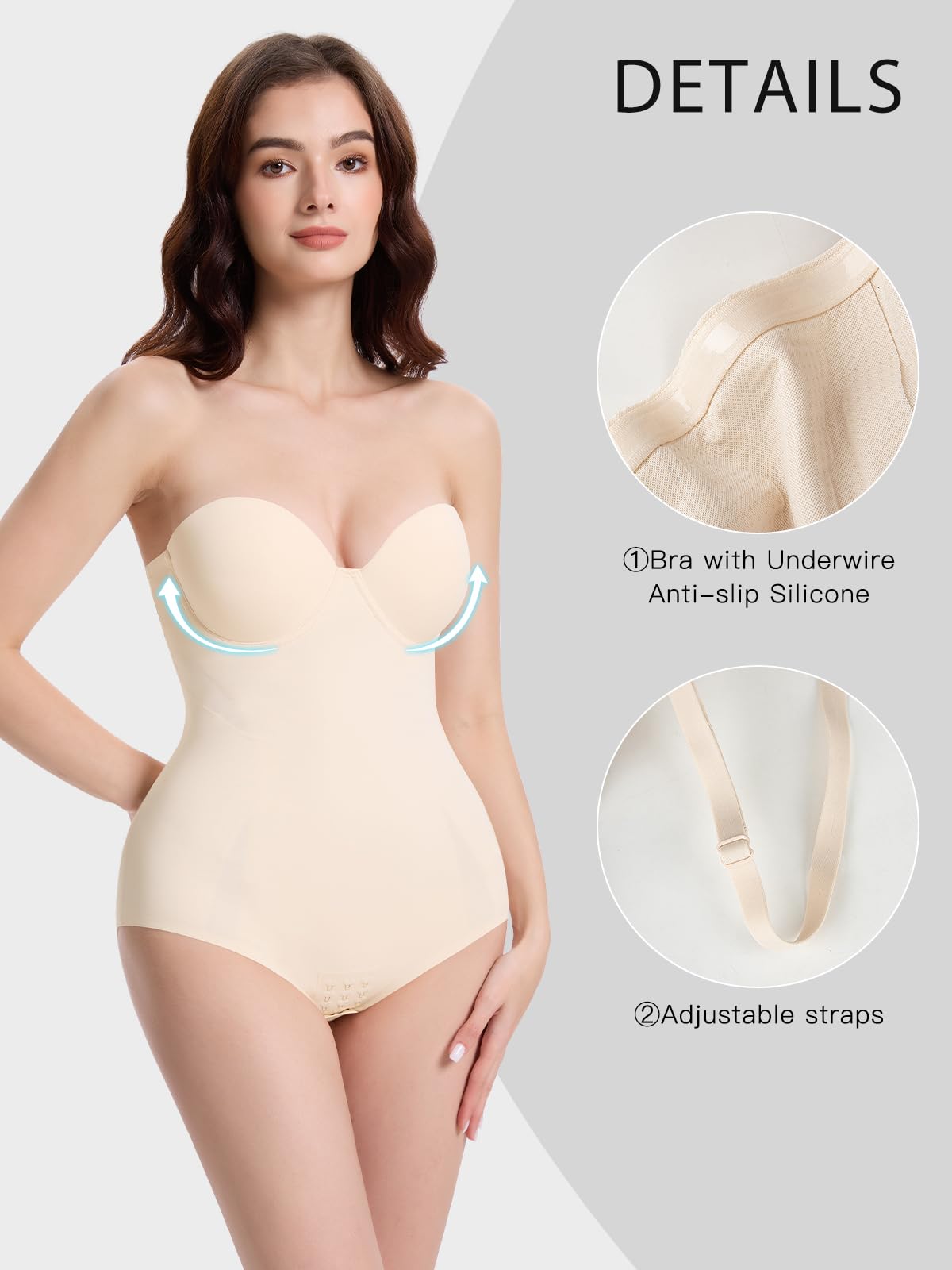 Decorus Body gainant sans bretelles sans couture - Contrôle du ventre sculpté : avec bonnets et bretelles amovibles
