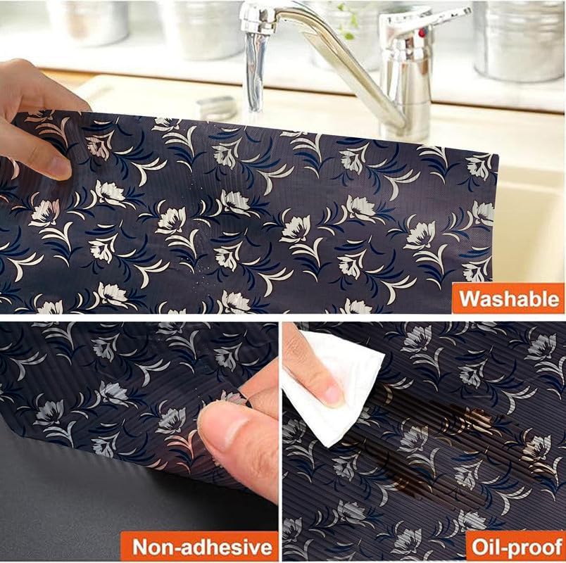 Image of Anti-Slip Kitchen Shelf Liner - 20 Meter Roll, Waterproof Multipurpose Mat for Fridge, Cabinet, Drawer, Trolley & Bathroom - Easy to Cut Floral Blue Print (Grey)