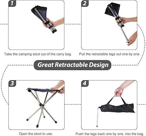 Miniatura 6 de KOKSRY Taburete Portátil, 13.8 Pulgadas de Alto y 1.32 Libras Silla Plegable Pequeña, Taburete Plegable Telescópico Compacto con Bolsa de Transporte