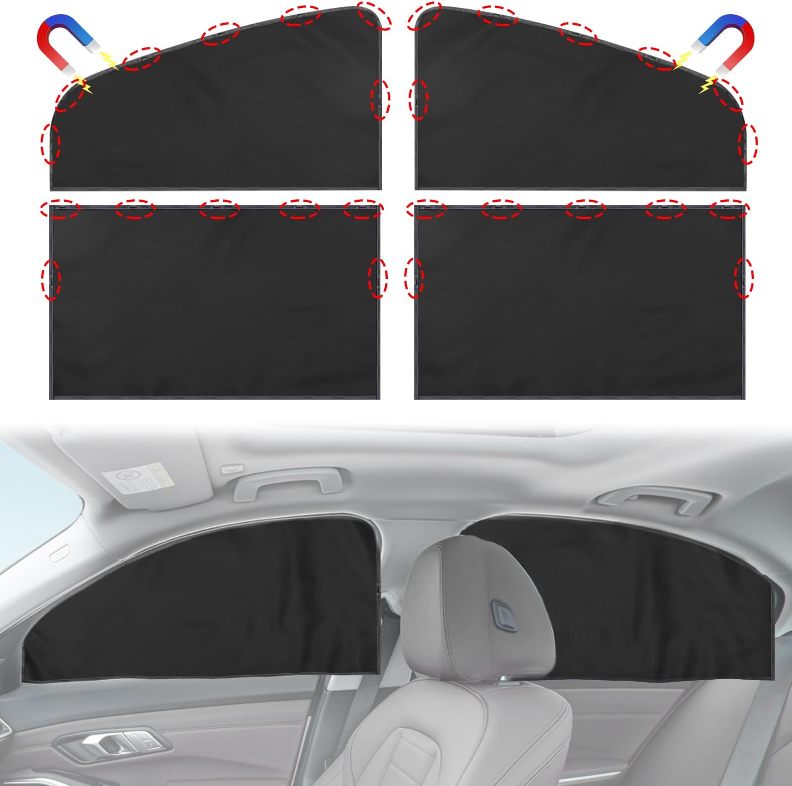 PAMASESet of 4 Magnetic Car Window Shades - 95% Light Blackout Sedan Side Window Covers for Camping Travel Privacy Sleeping, Baby Sun Protection Screen with Storage Bag - S