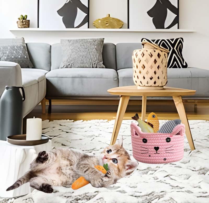 Image of Pet Toy Basket Organzier Cotton Rope Basket Cute Storage Bin Pink Baby Nursery Basket With Ears Gifts Basket For Pet Lover 8.3 x 4.7 inches,Pink