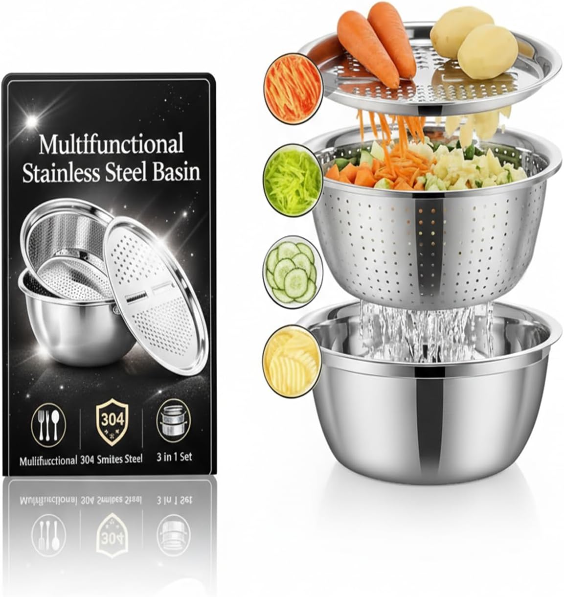 Germany Multifunctional Stainless Steel Basin, Metal Rice Rinser, Pasta Strainer for Kitchen, 5 in 1 Upgraded Vegetable Slicer, Professional Drain Basket, Shredding Chopping Mixing Bowl (11.81in)