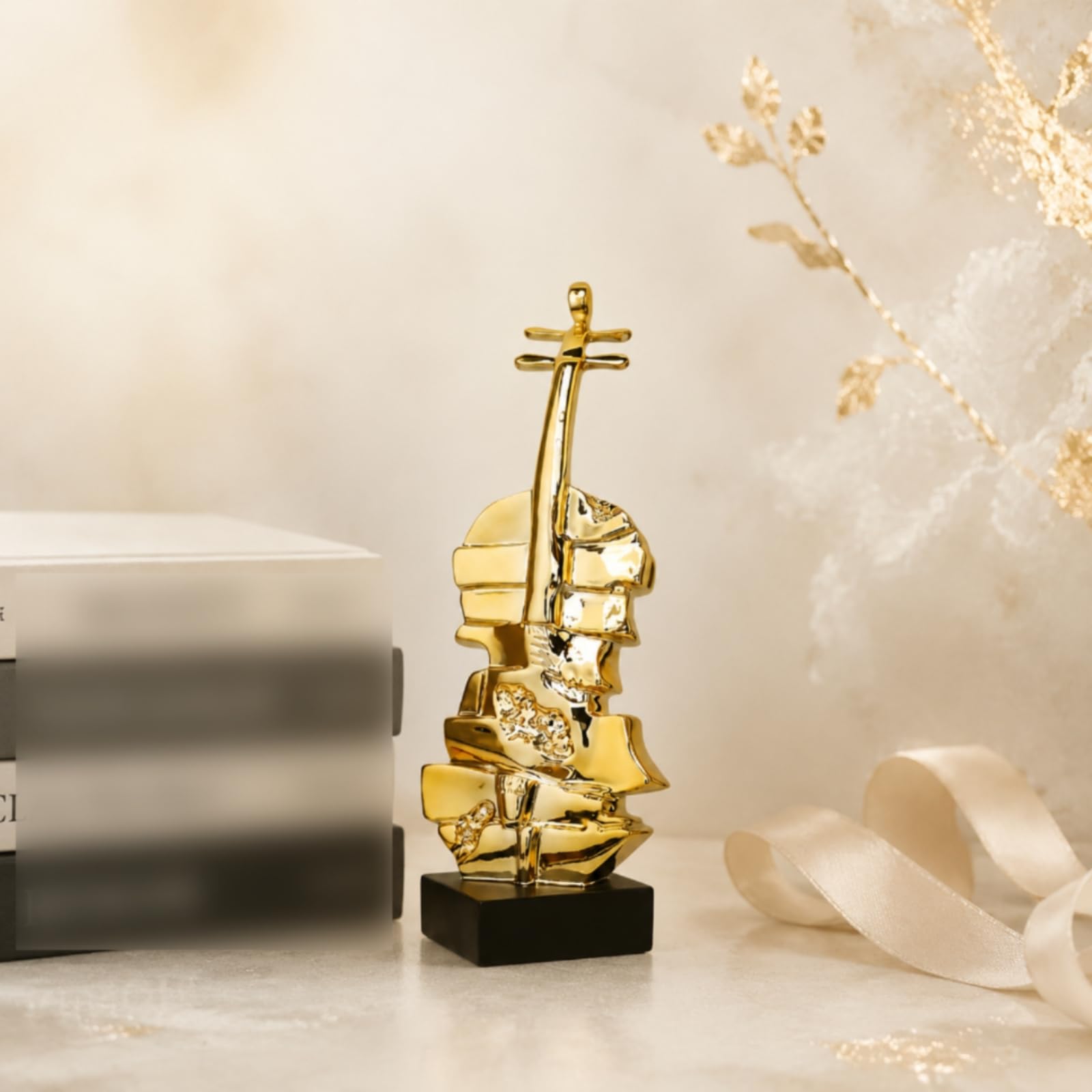 Colcolo Figurilla Violín con Acabado Dorado Brillante y Base Rectangular Negra para coración Escritorio Estante y Oficina Acuado para Regalo coración l Hogar