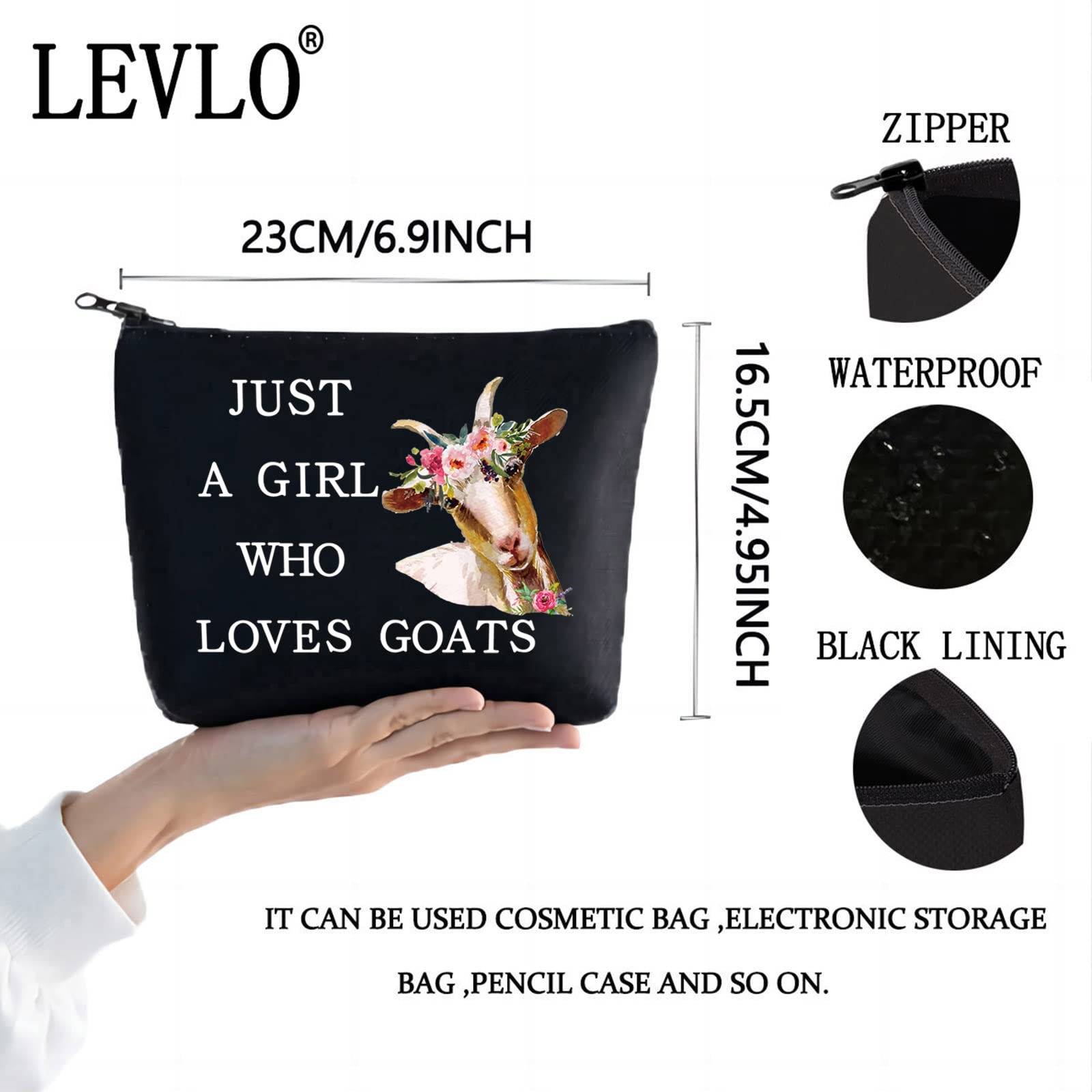 LEVLO Funny Goat Cosmetic BagAnimal Lover Gift Just A Girl Who Loves Goats Makeup Zipper Pouch Bag Goat Lover Gift for Women Girls Loves Goats Black - Image 2