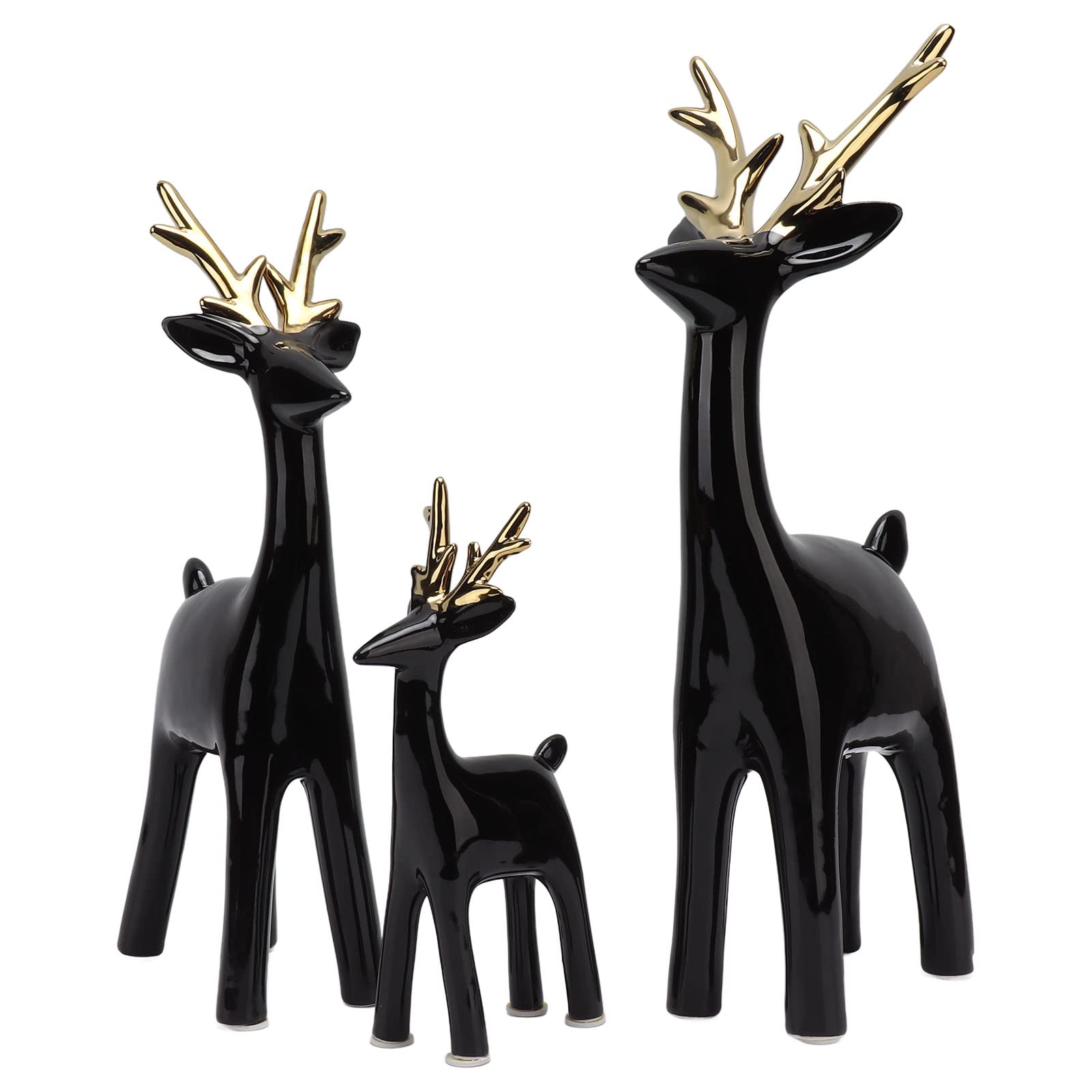 Juego de 3 figuras de reno de resina para decoración de mesa o vino (oro negro)