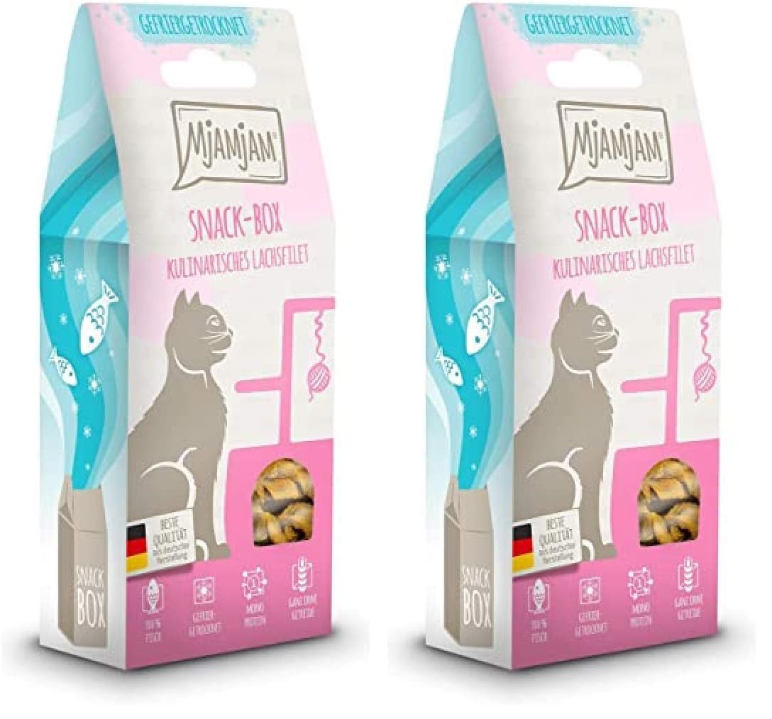 MjAMjAM - Premium Katzensnack - Snackbox - kulinarisches Lachsfilet, 2er Pack (1 x 50 g), naturbelassen ganz ohne synthetische Konservierungsstoffe
