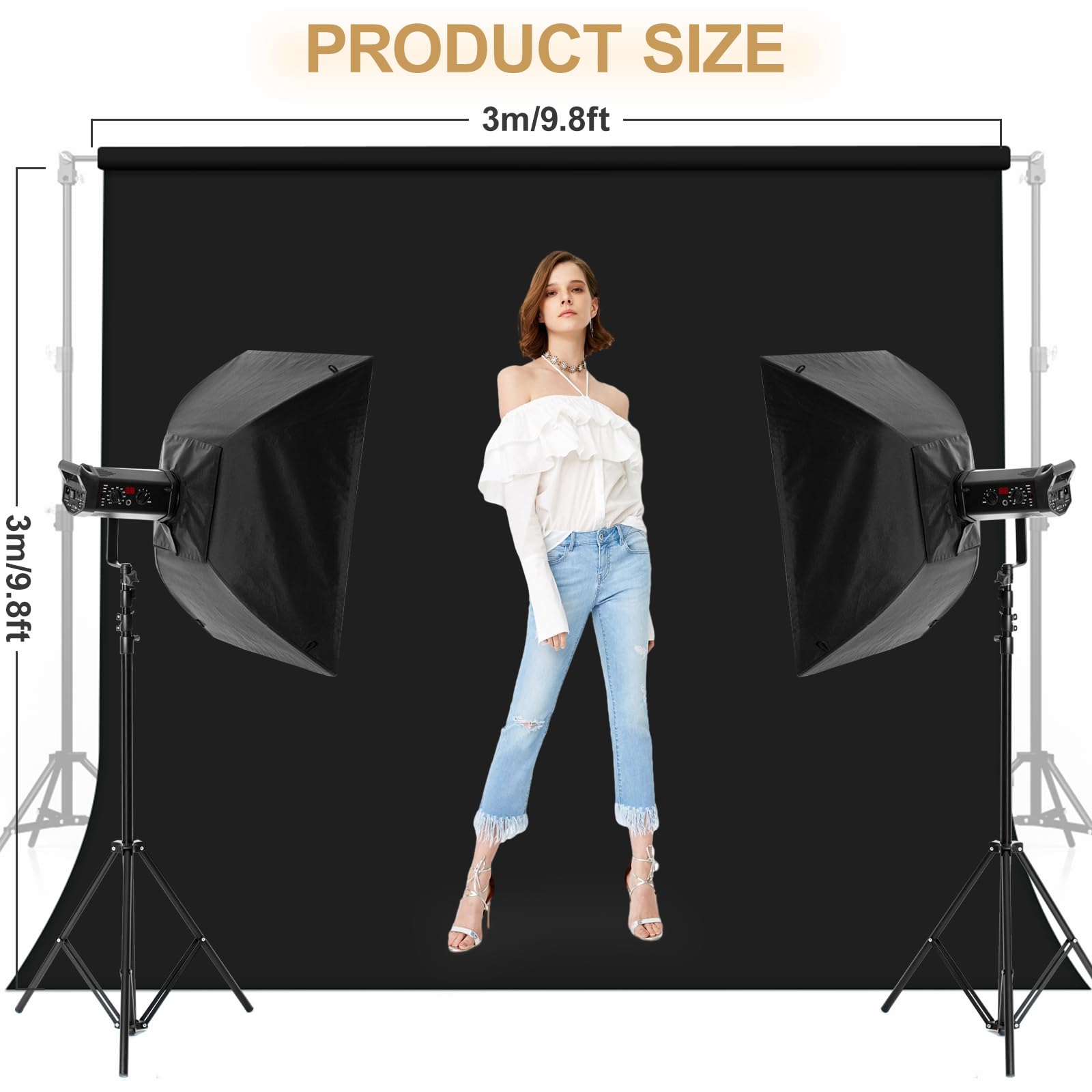 Telo Nero Fotografico, 3M x 3M Sfondo Nero per Foto, Sfondo Fotografico 3 x 3m a Tinta Unita Addensato e Denso con 4 Molle per Studio Fotografico e Registrazioni Televisive