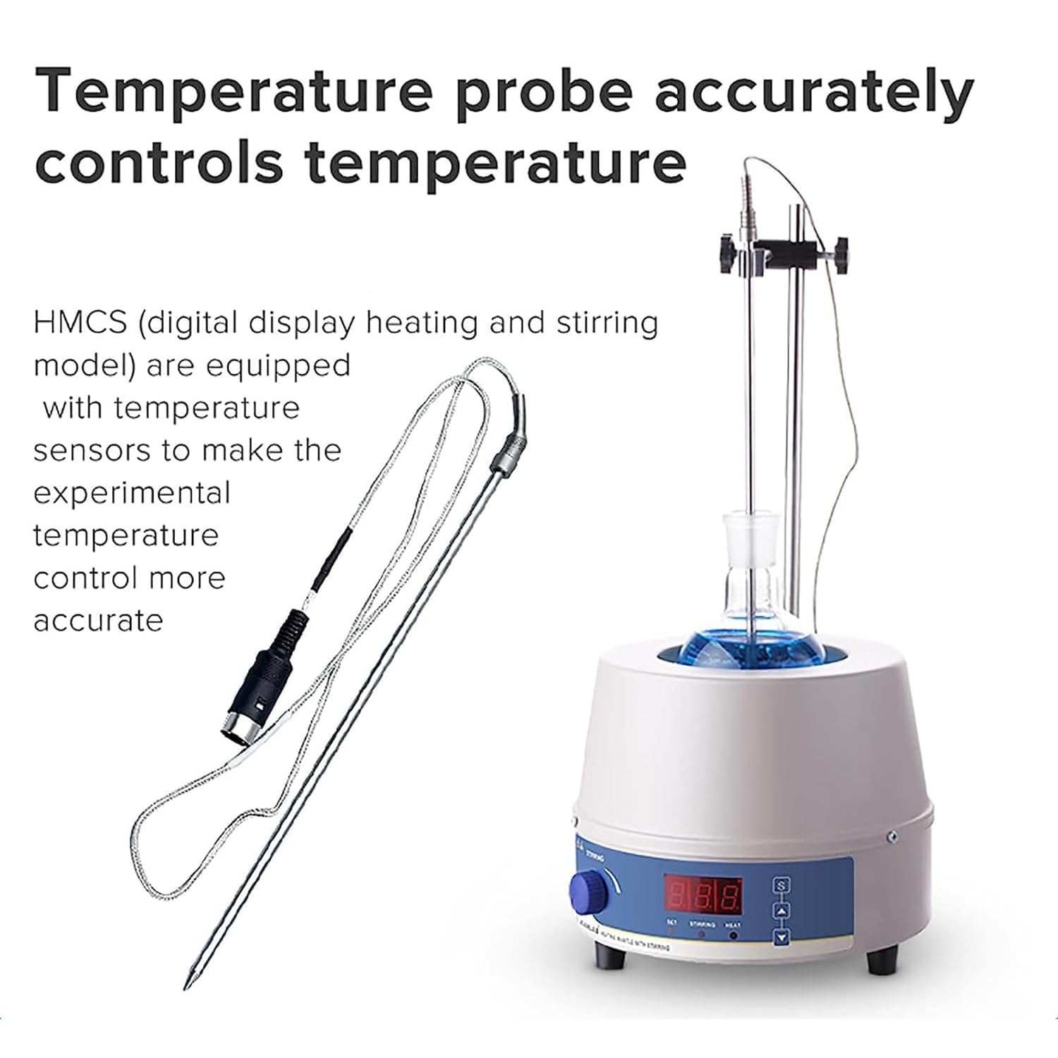 Manto calefactor con agitador magnético, control termostático de 300 °C, velocidad de 0 a 1400 rpm, capacidad de 2000 ml, compatible con matraz de fondo redondo, incluye sonda de temperatura