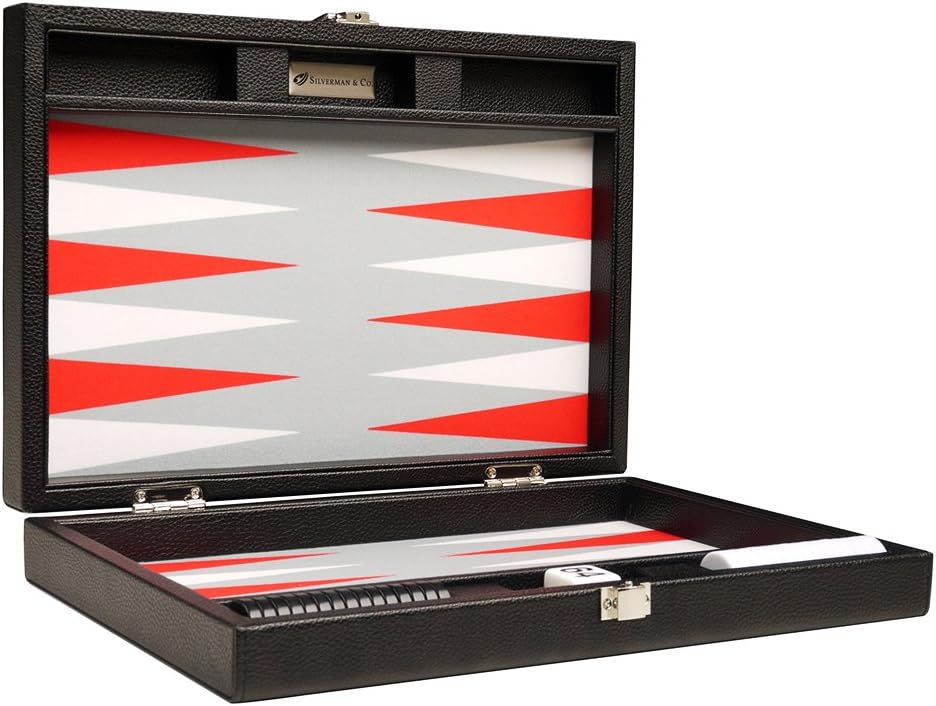 13-inch Premium Backgammon Set - Travel Size - Black Board, White and Scarlet Red Points