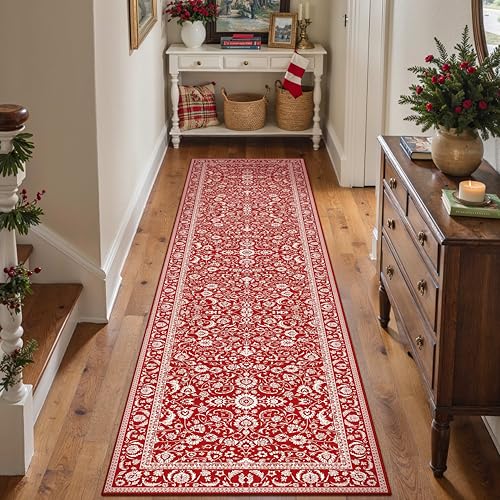 HUGEAR Christmas 2x8 Runner Rug Machine Washable Red Hallway Area Rug Indoor Accent Rugs Floral Low Pile Carpet Soft Throw Rugs Bedroom Living Room Office Dining Kitchen Laundry Non Slip Chr