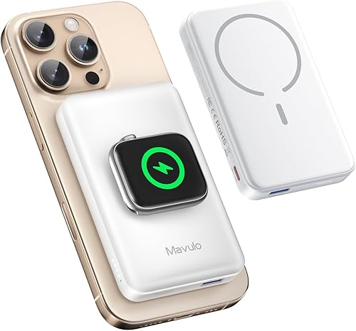 Mavulo Cargador portátil inalámbrico 2 en 1 para iPhone y Apple Watch de 12000 mAh, banco de energía magnético, 20 W, USB C, carga rápida para