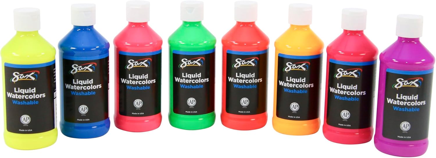 Sax Liquid Washable Watercolor Paint for School and Arts and Crafts Use, Assorted Fluorescent Colors, 8 Ounce Bottles, Set of 8