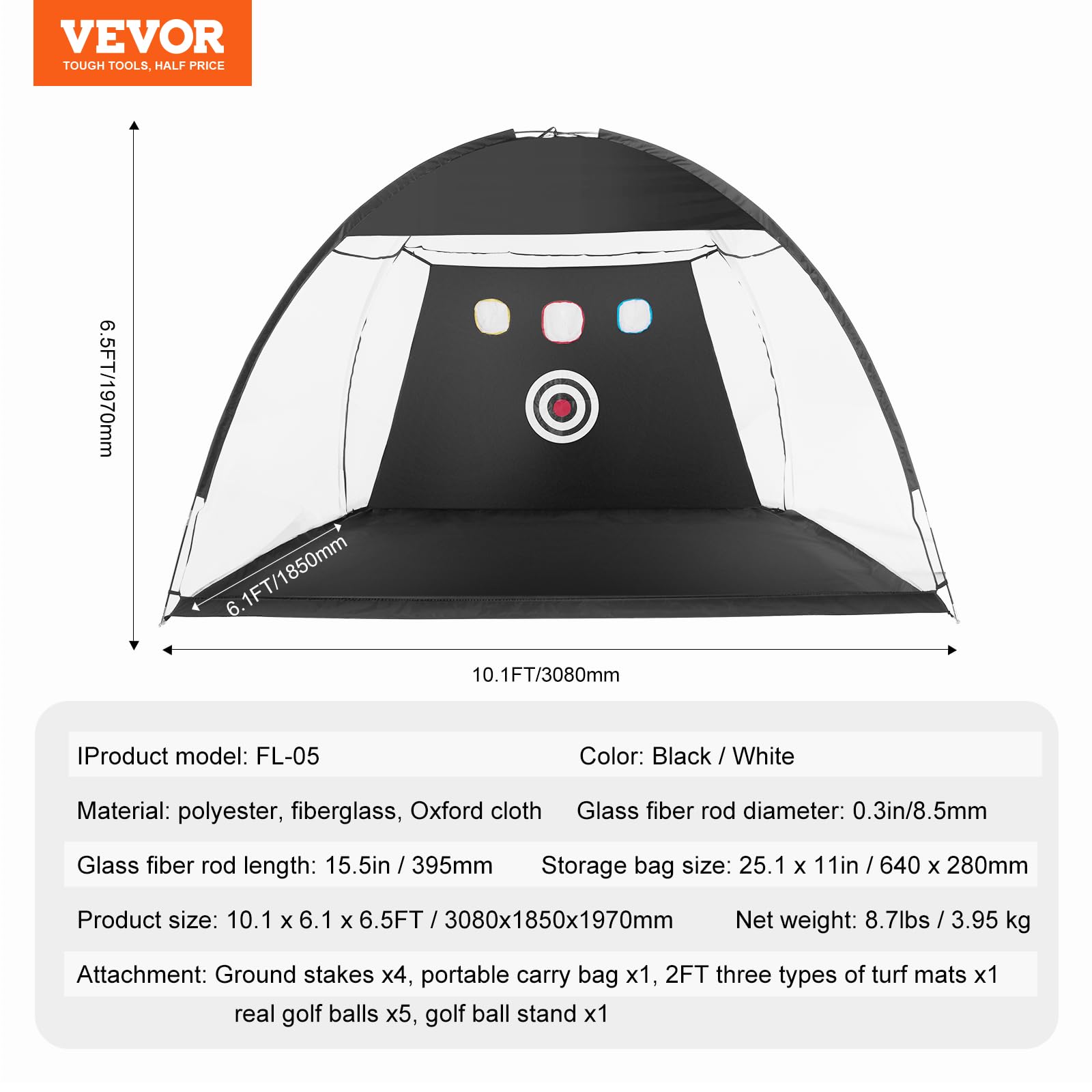 VEVOR Golfnetz, 3 x 2,1 m, All-in-1-Golfübungsnetz, Golfschwungtraining für drinnen und draußen zu Hause, Golfschlaghilfenetz mit Zielscheibe/Rasenmatte/Bällen/Tee/Tragetasche, für Driving- und Chippi