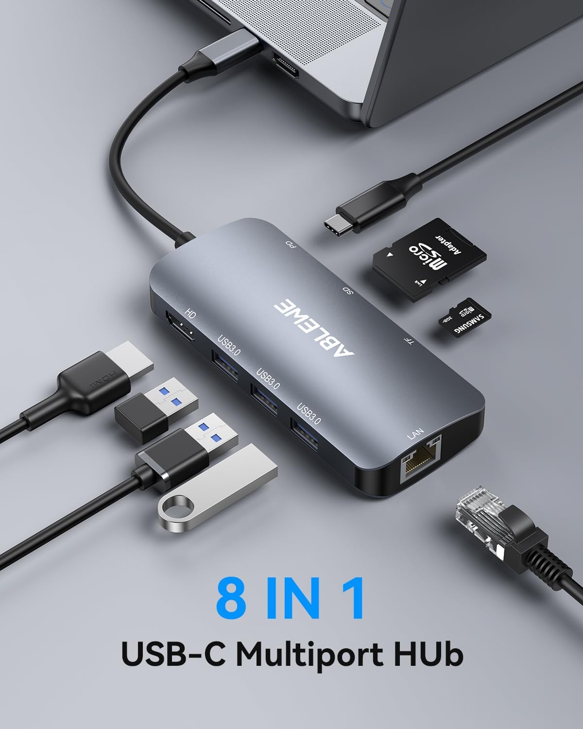 ABLEWE USB C Hub Ethernet, Multiport USB C to HDMI Hub, 8 in 1 4K@60Hz USBC Adapter,1000Mbps, 100W PD, 3 USB 3.0 Ports, Docking Station Compatible for MacBook, Tablet, Phone, Type C Devices - Image 8