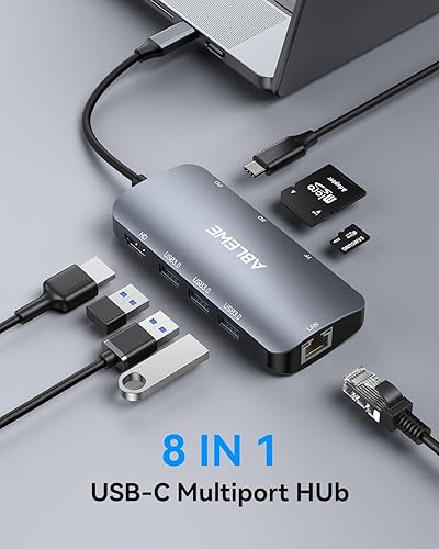 Miniatura 8 de ABLEWE Hub Ethernet USB C, multipuerto USB C a HDMI, adaptador USBC 8 en 1 4K a 60Hz, 1000 Mbps, 1000 W PD, 3 puertos USB 3.0, estación de
