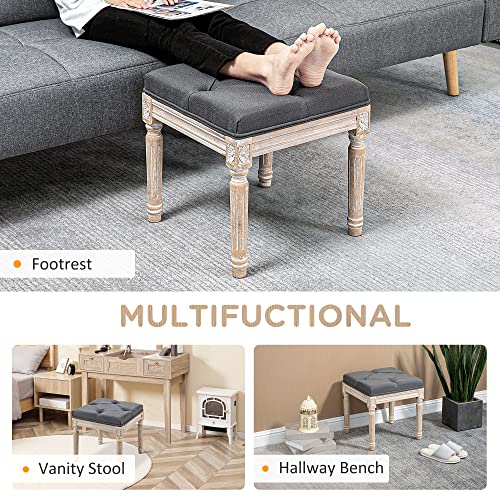 Homcom 15.75" Vintage Ottoman, Tufted Foot Stool With Upholstered Seat, Rustic Wood Legs For Bedroom, Living Room, Grey #TOP5