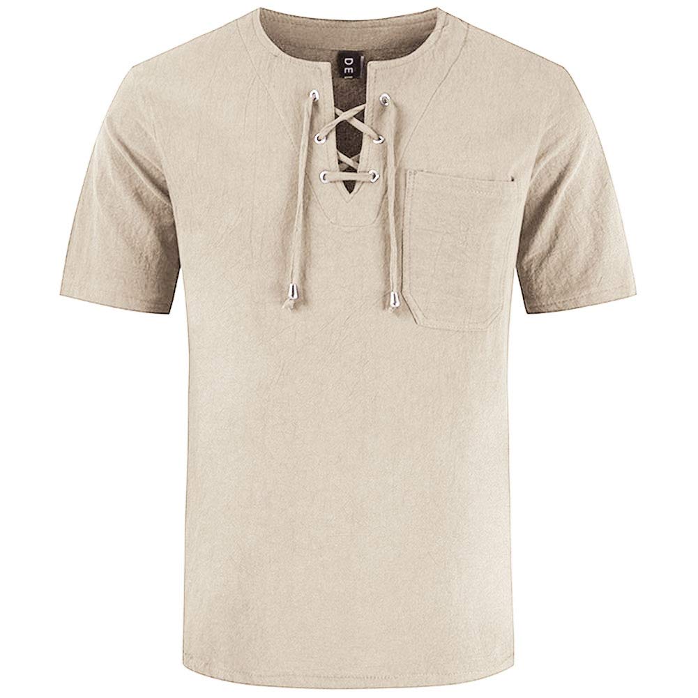 MakingDa Camisa informal elegante de lino de algodón para hombre con cordón y cuello de abuelo Ghillie Hippie Henley Top