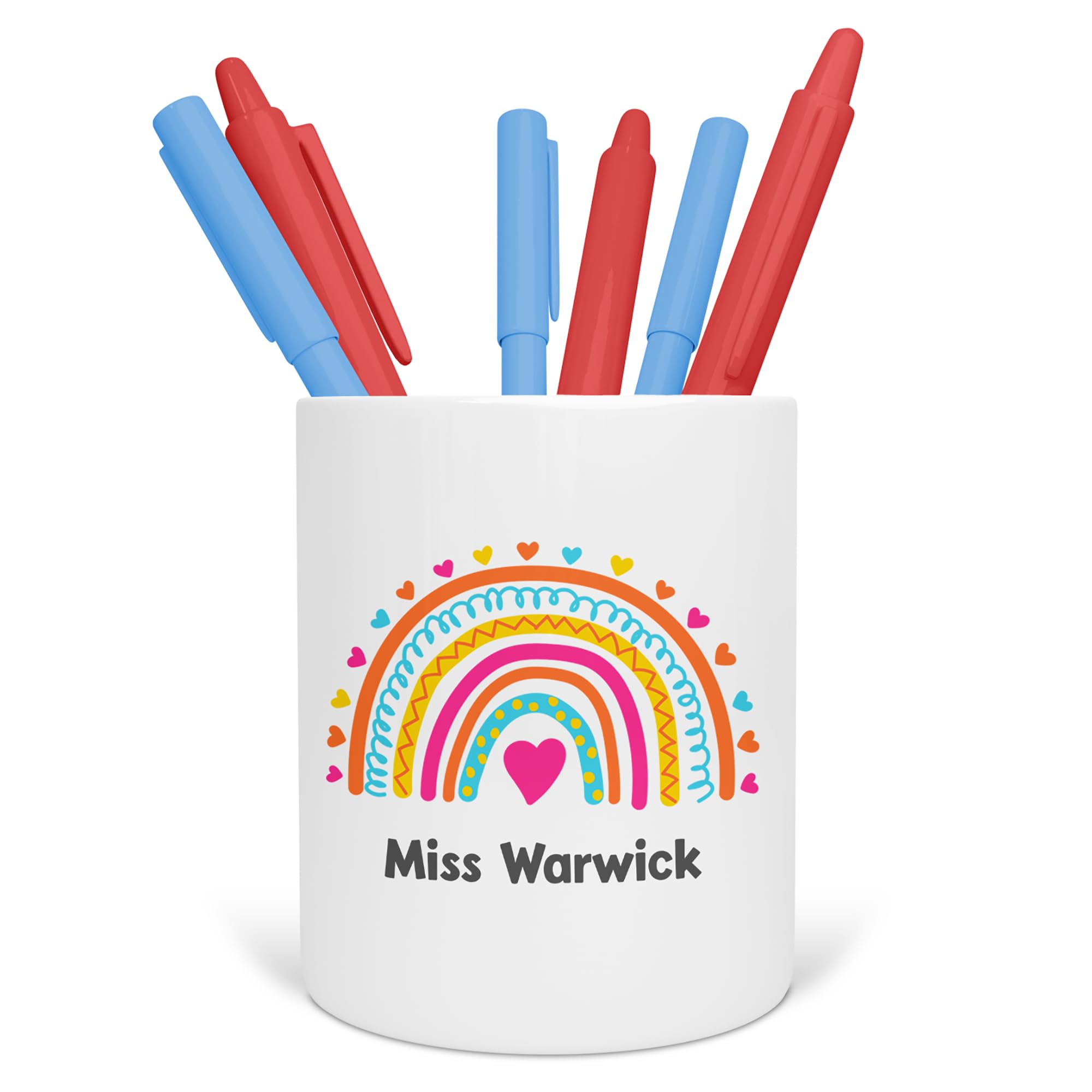 Personalised Teacher Pen Pot - Custom Rainbow Desk Organiser for School, Nursery or Office - End of Term Gift for Teaching Assistant, TA - Ceramic Pencil Holder (Pink Heart Rainbow) โ image 1