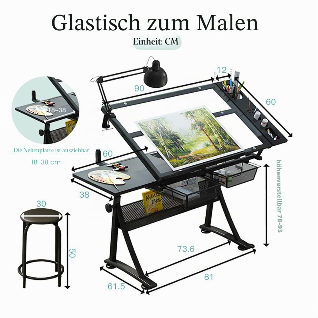 höhenverstellbarer Künstler-Zeichentisch mit Hocker, perfekte Arbeitsstation, Tischplatte aus gehärtetem Glas, 2 Schubladen, neigbarer Zugschreibtisch