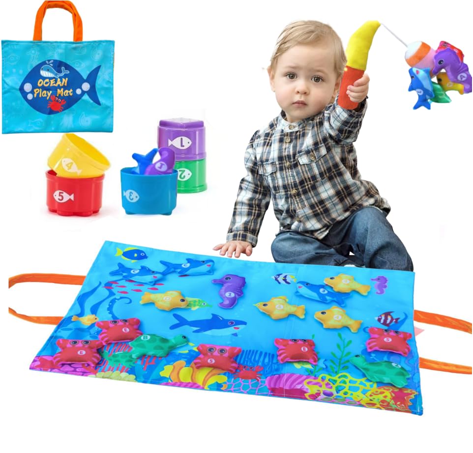 Image of Montessori Fishing Toy Set for Toddlers, with Fishing Rod, Sea Animals,Stackable Buckets Counting,Storage Mat, Educational Fun Baby Birthday Gifts for 1 Year Old Boy Girl