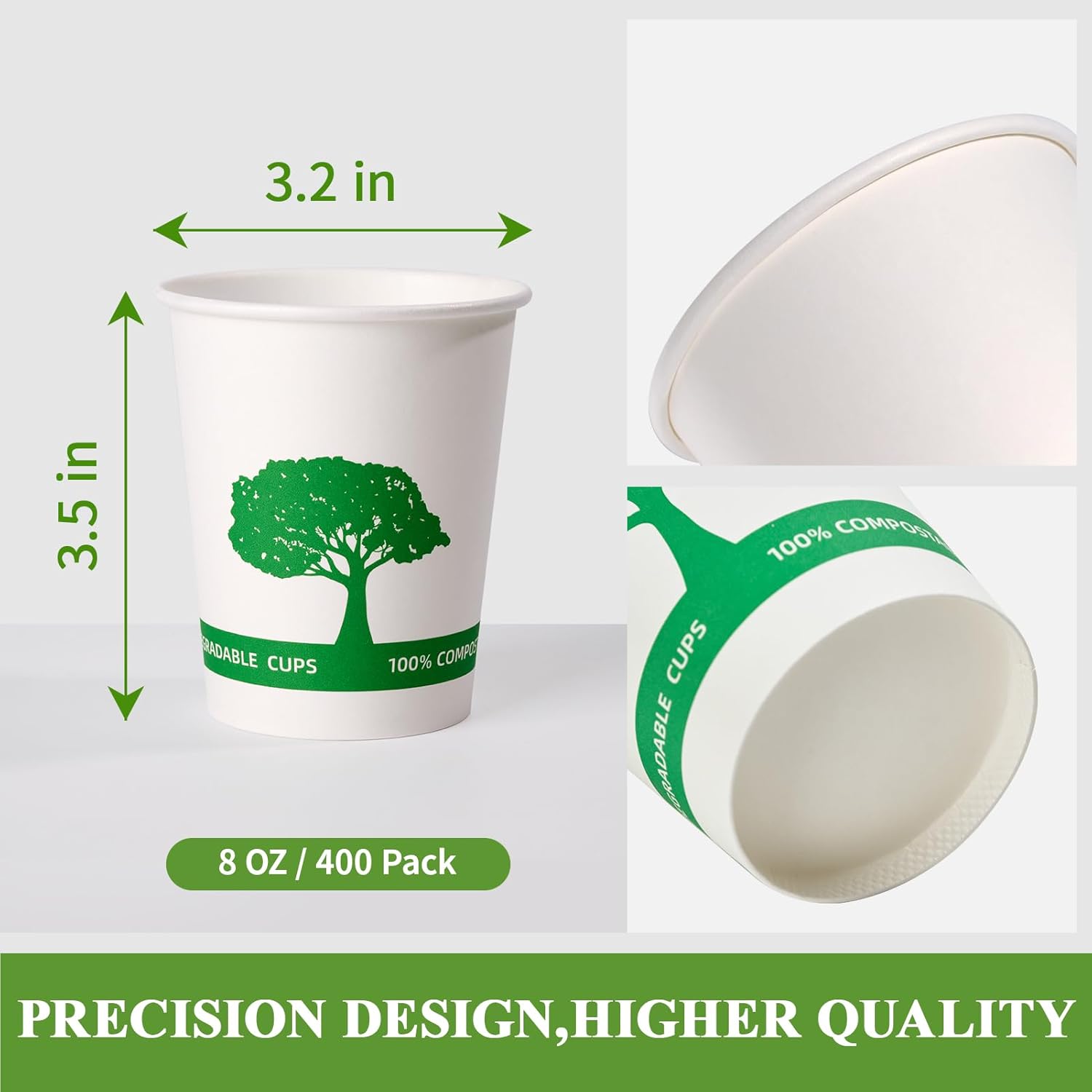 Vplus 400 Pack Compostable Paper Cups, 8 oz Paper Coffee Cups, Biodegradable Disposable Paper Cups, Eco-friendly Hot Drinking Cups for Party, Picnic,and Events - Image 2