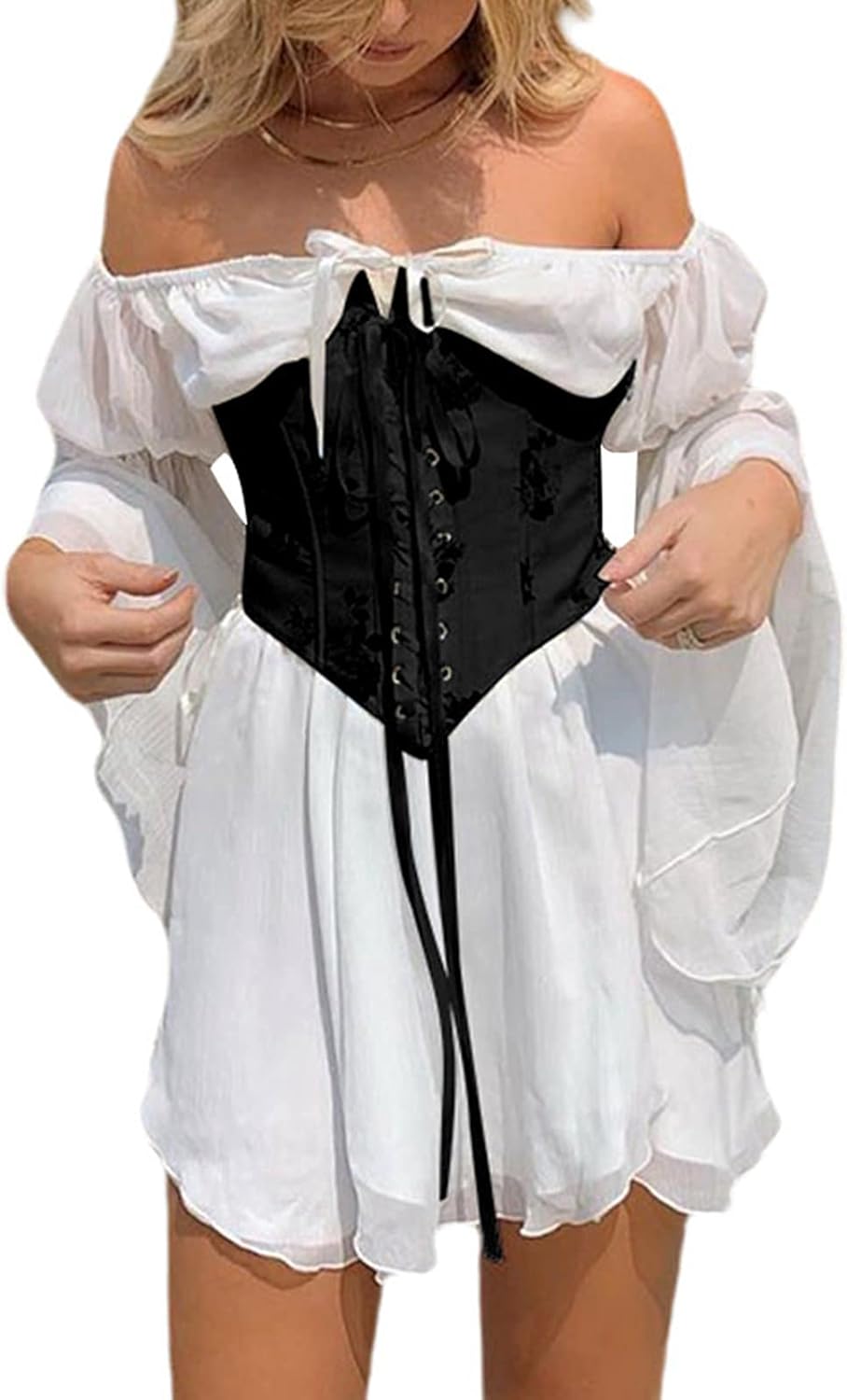 UAURORAO Women Off Shoulder Mesh Short Dress Irregular Adjustable Lace Up Long Puff Sleeve Swing Dress Without Bustier - Image 4